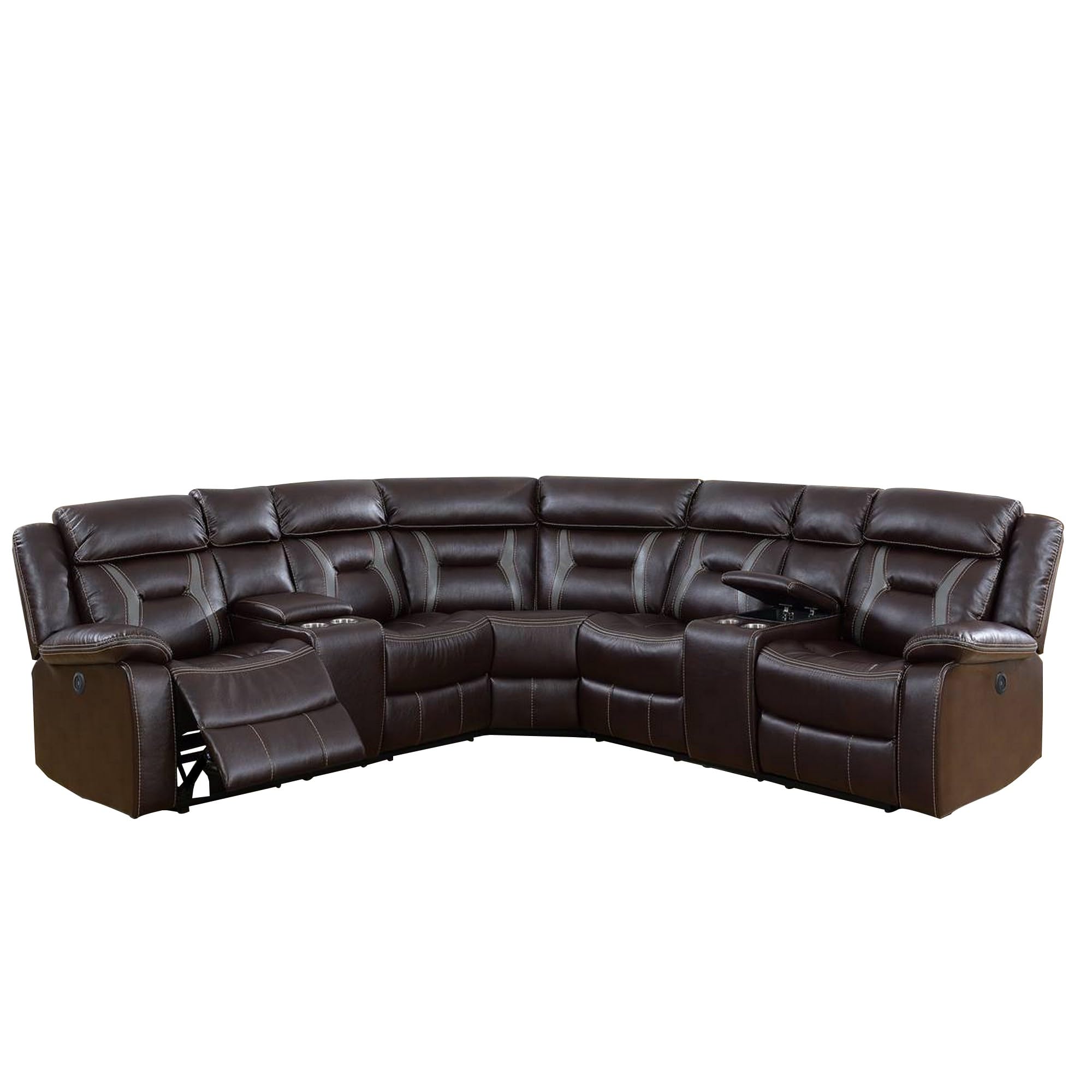 Lof Power Reclining Sectional Sofa Set, USB Port, Brown Gel Faux Leather