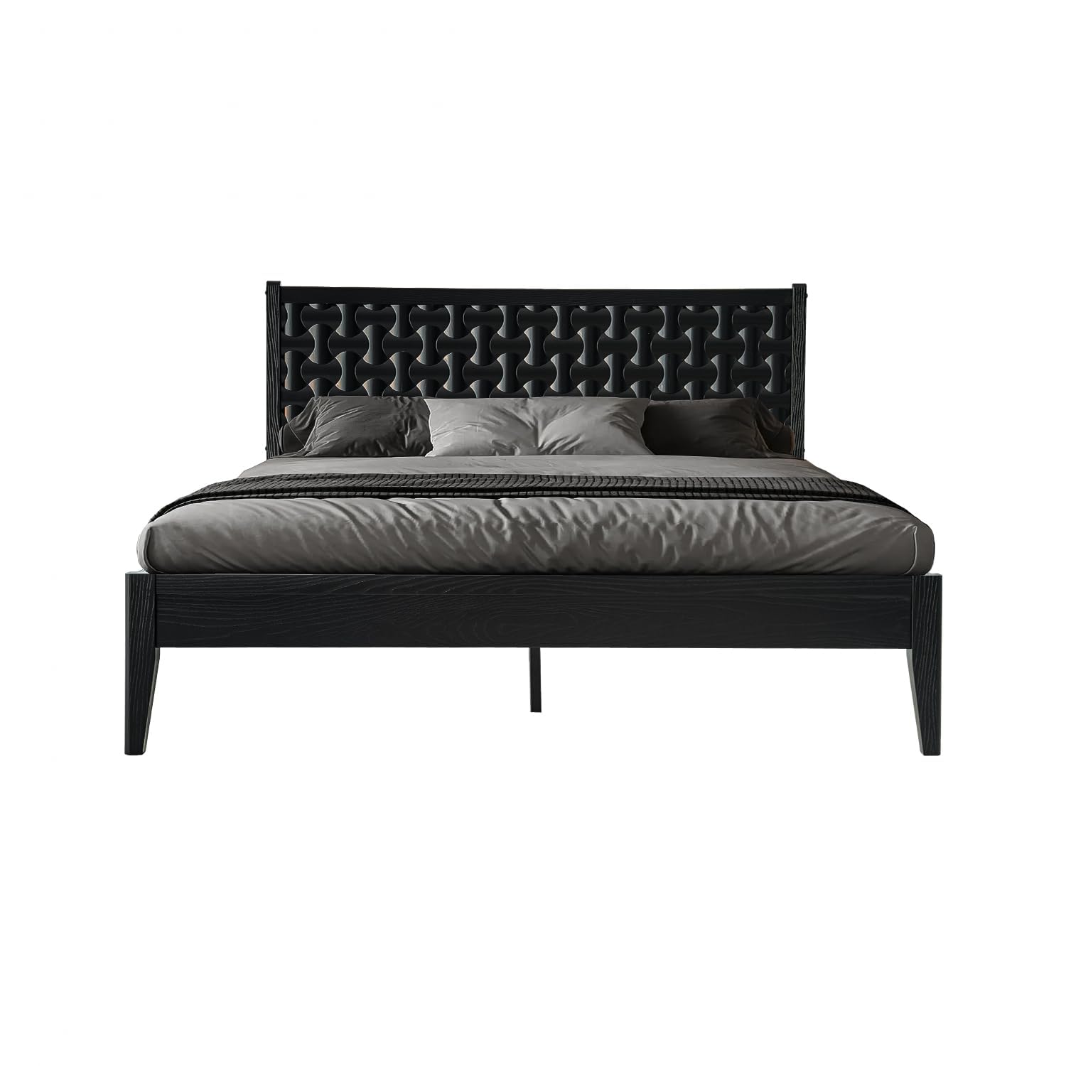 Queen Wooden Platform Bed Frame, Ebony Oak Finish, Morden Style