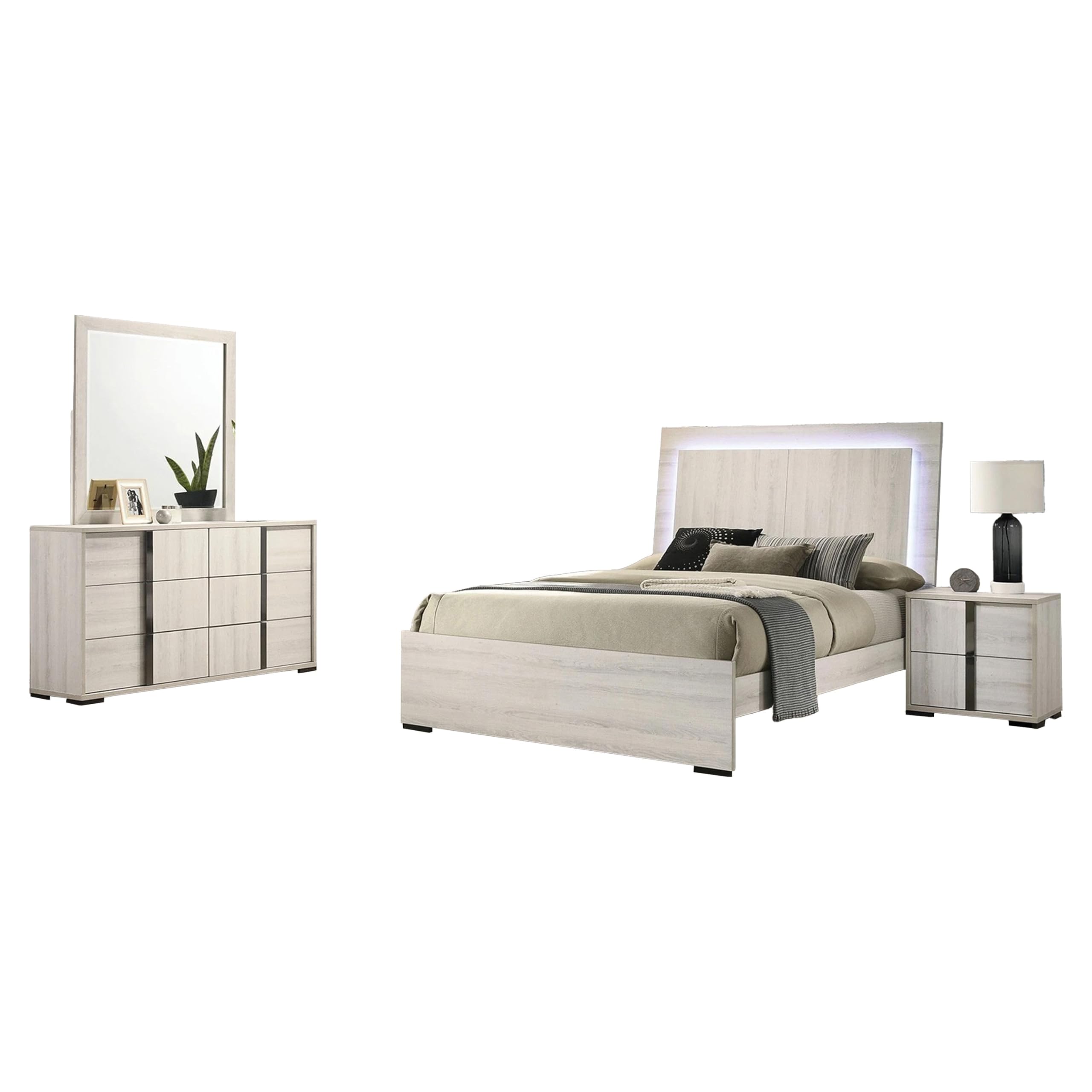 Hyao 4pc Queen Bedroom Set w LED Headboard, Whitewash, Dresser Mirror