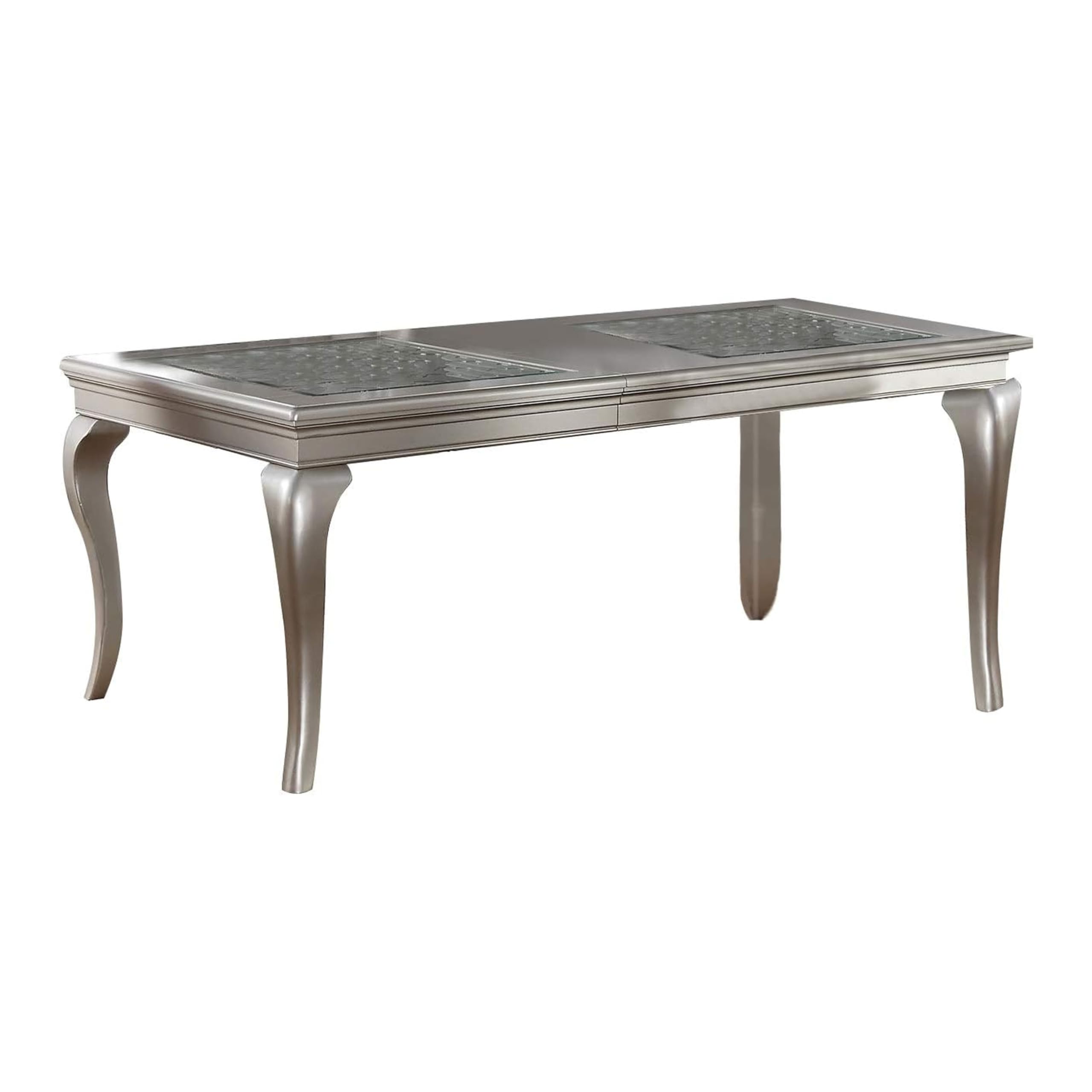 Reme 66-84 Inch Dining Table, 6 Seater Extendable, Glass Silver Wood