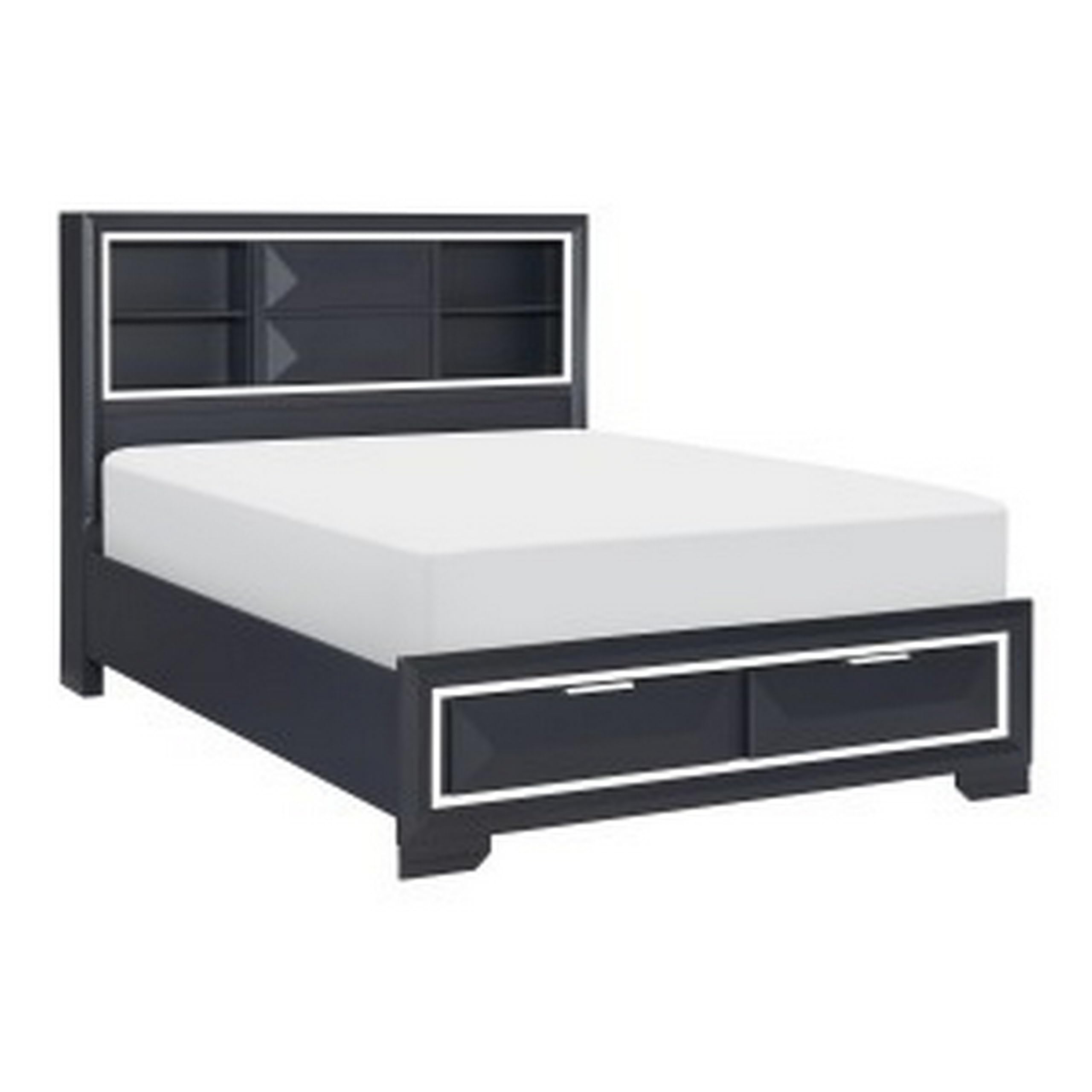 Rosy Queen Bed, 2 Storage Drawers, Bookcase, Midnight Blue Wood, Chrome