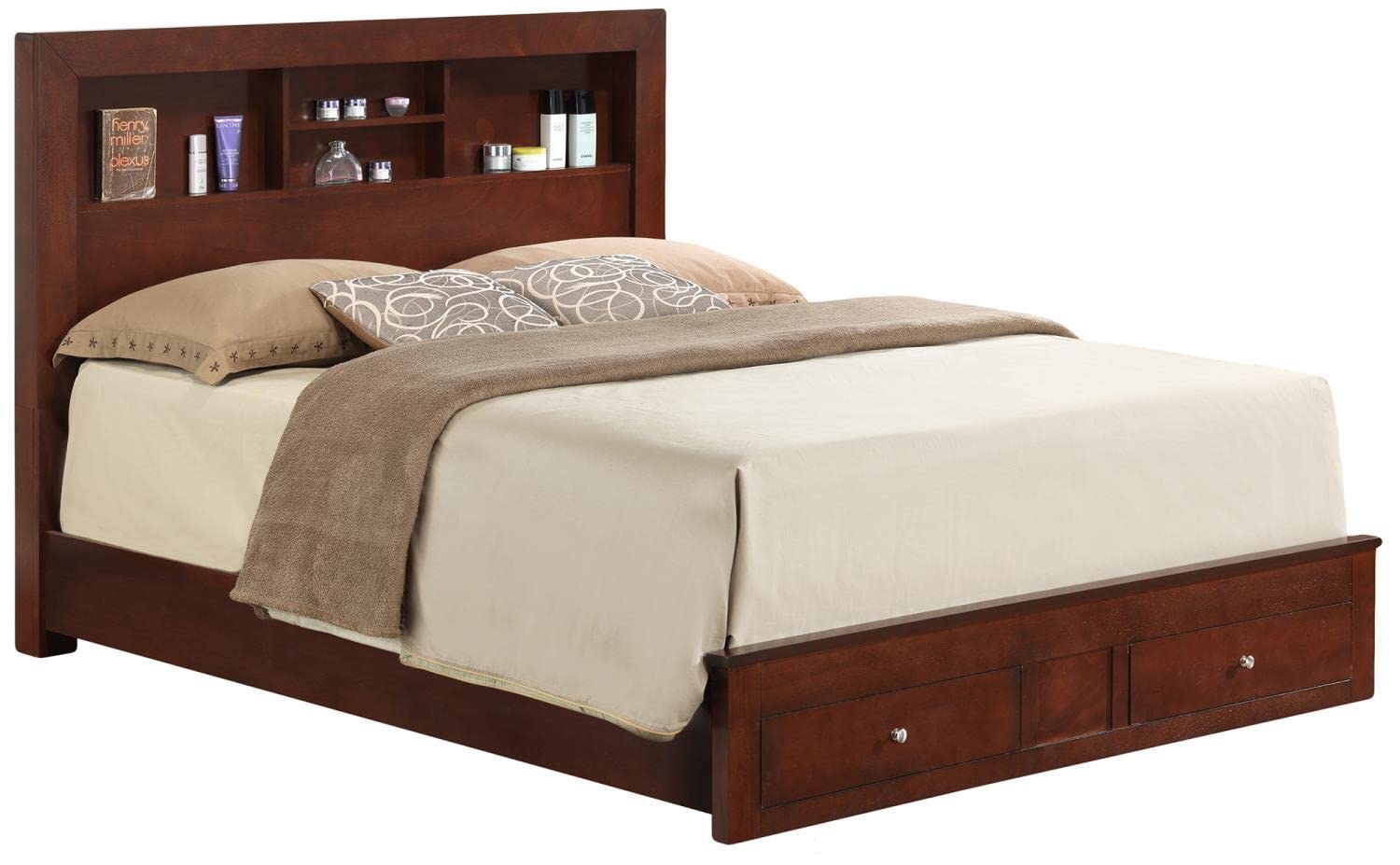 Burlington Cherry King Storage Platform Bed with Built in Shelves and Two Footboard Drawers