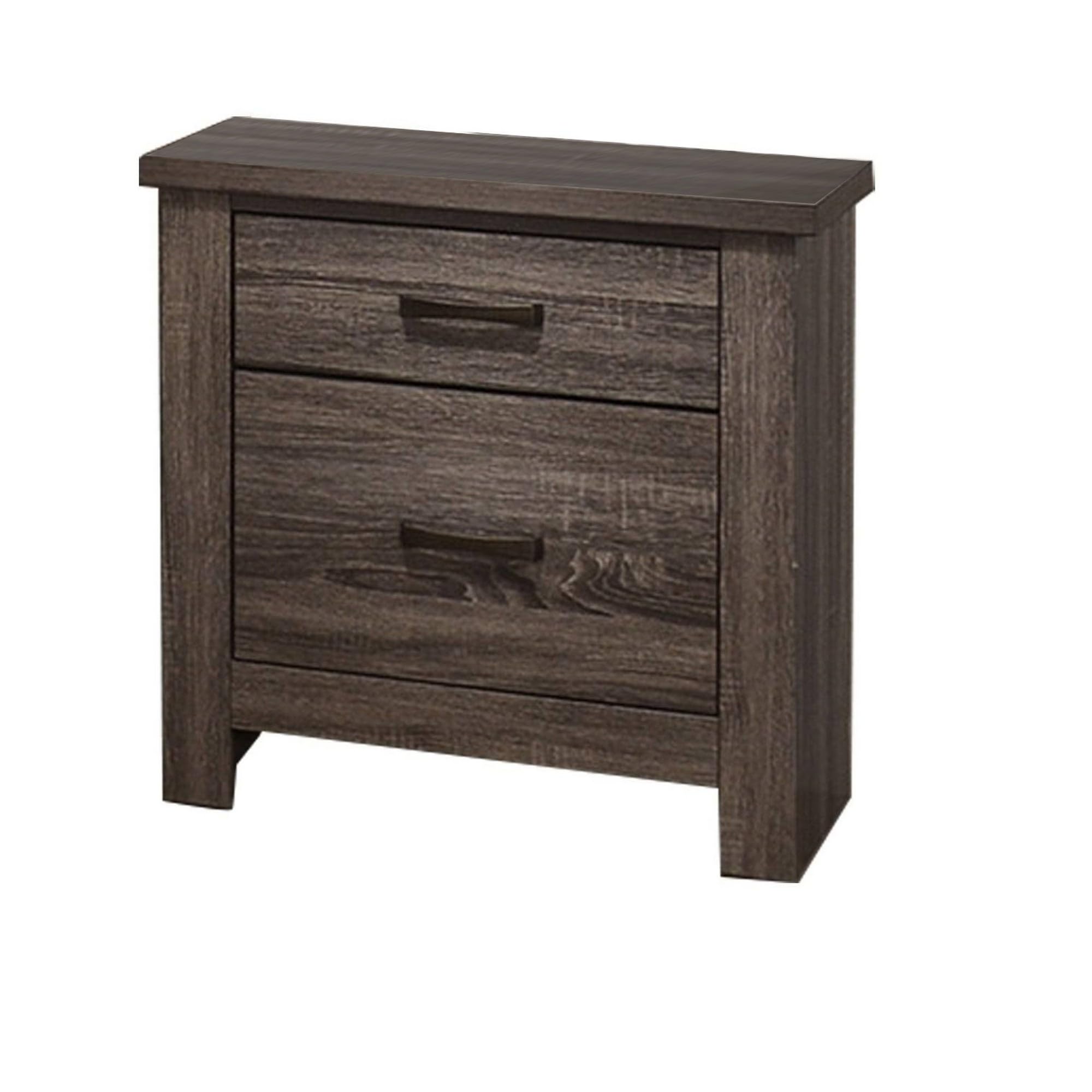 Soma 24 Inch Rustic 2 Drawer Nightstand, Sleek Metal Bar Handles, Oak Gray