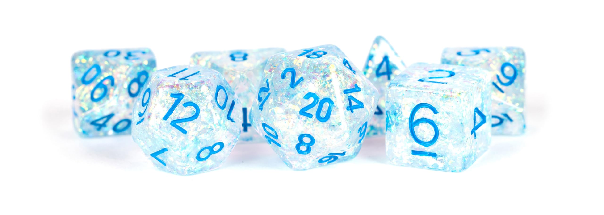 16mm Resin Flash Dice Poly Dice Set: Clear with Light Blue Numbers