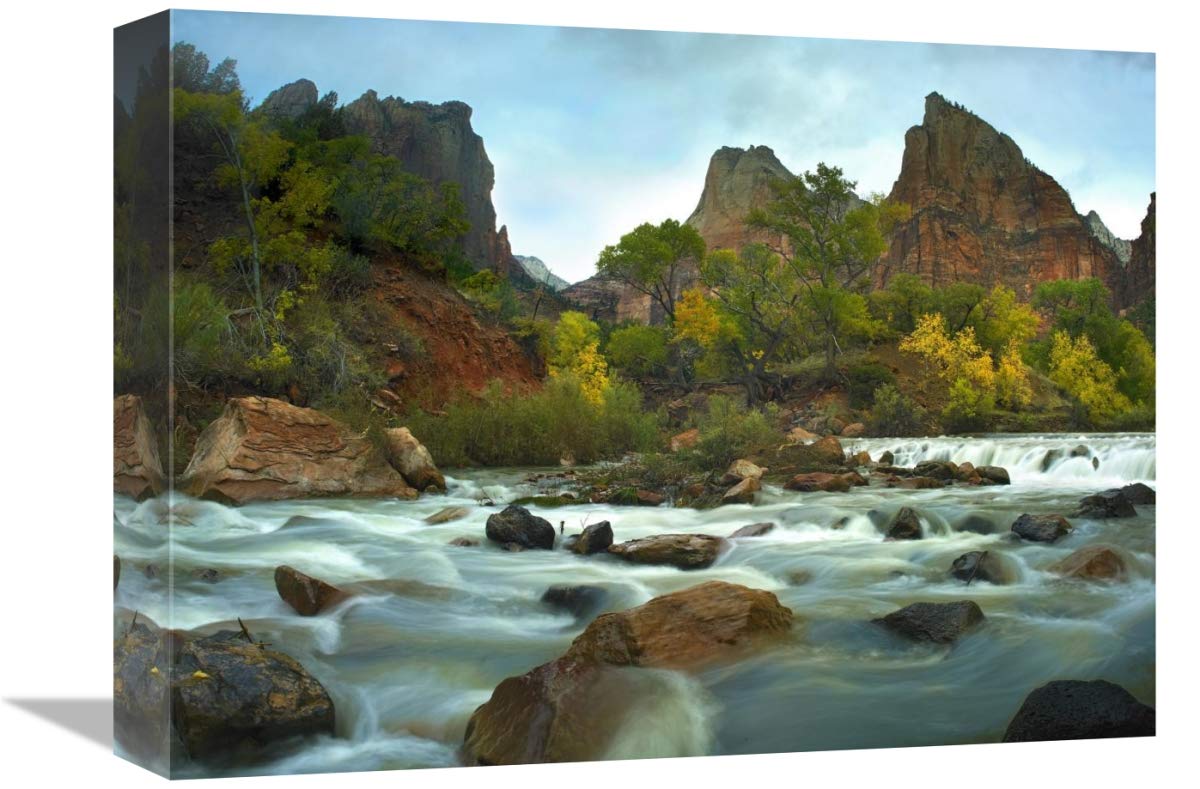 Court of the Patriarchs rising above river, Zion National Park, Utah-Canvas Art-16x12”