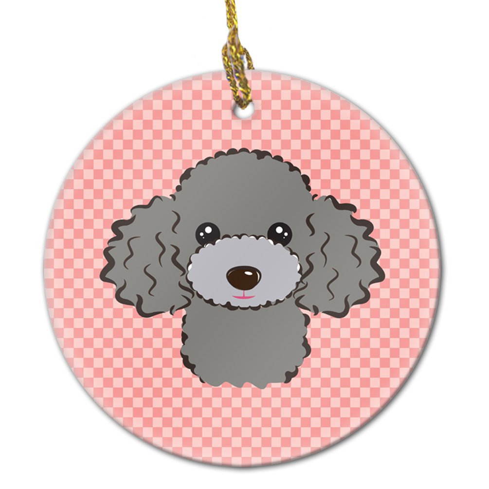Checkerboard Pink Silver Gray Poodle Ceramic Ornament BB1259CO1