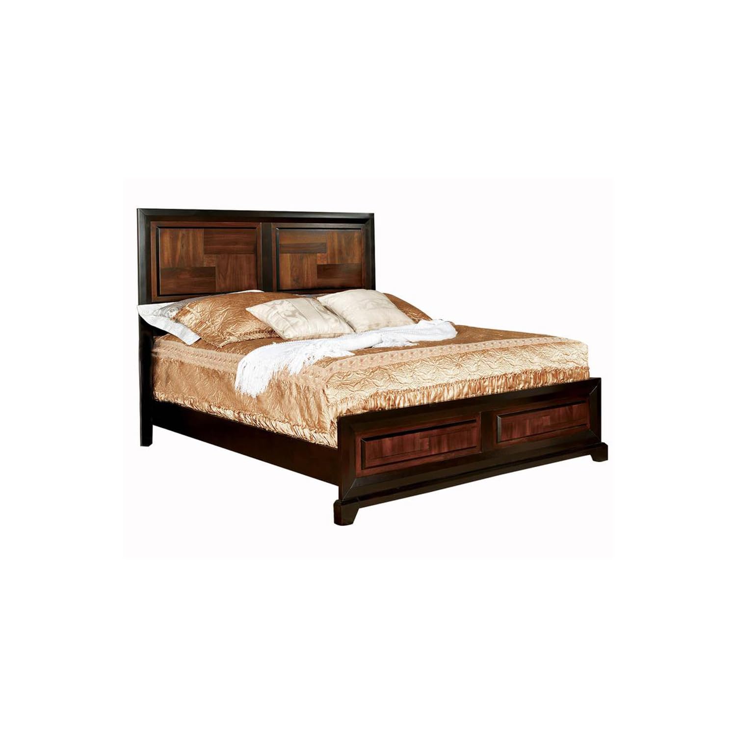 Transitional Style Eastern King Wooden Parquet Design Bed, Brown