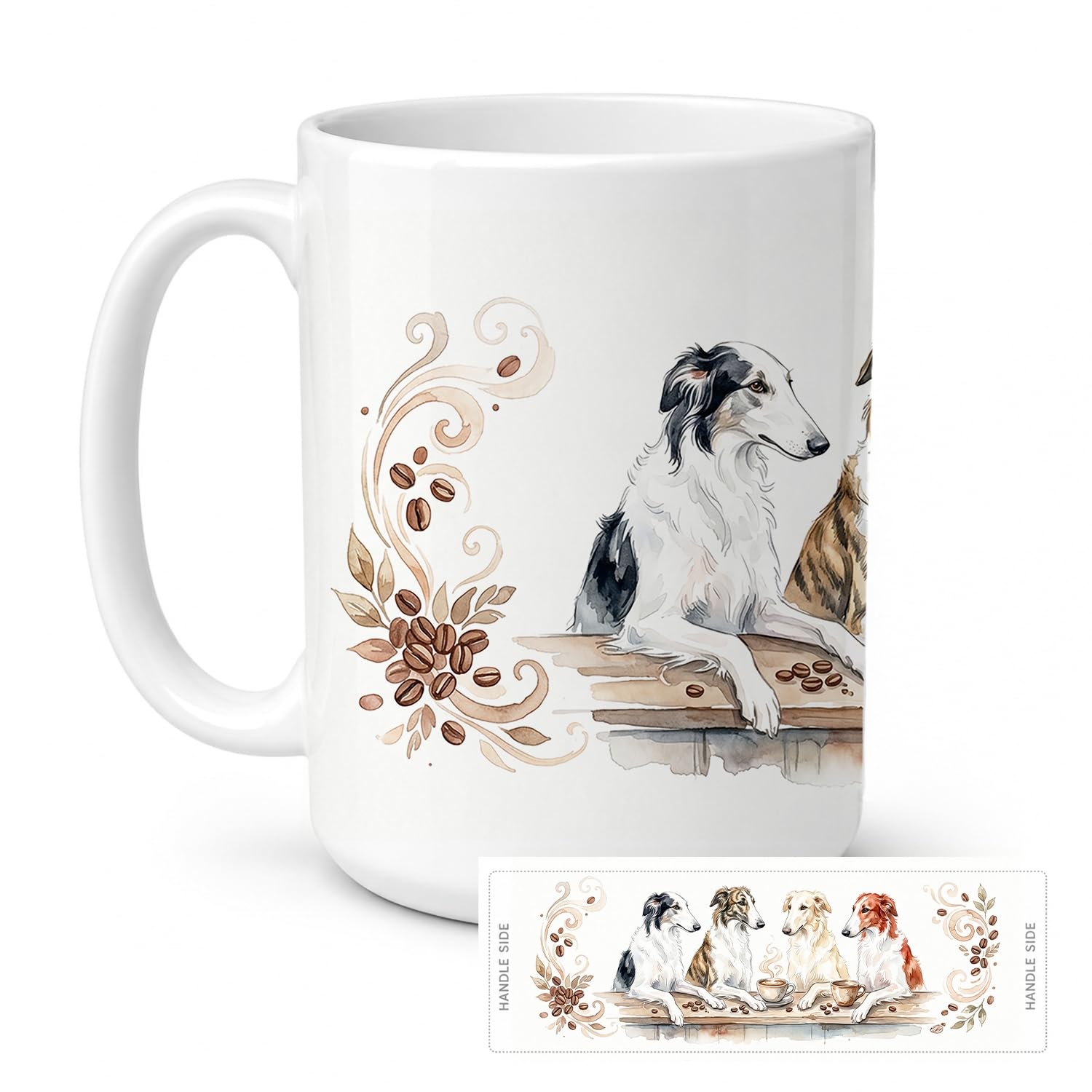 Carolines Treasures Borzois Morning Coffee Ceramic Coffee Mug 15 oz Decorative Large C Handle Mug Cup for Tea, Cocoa Hot Chocolate