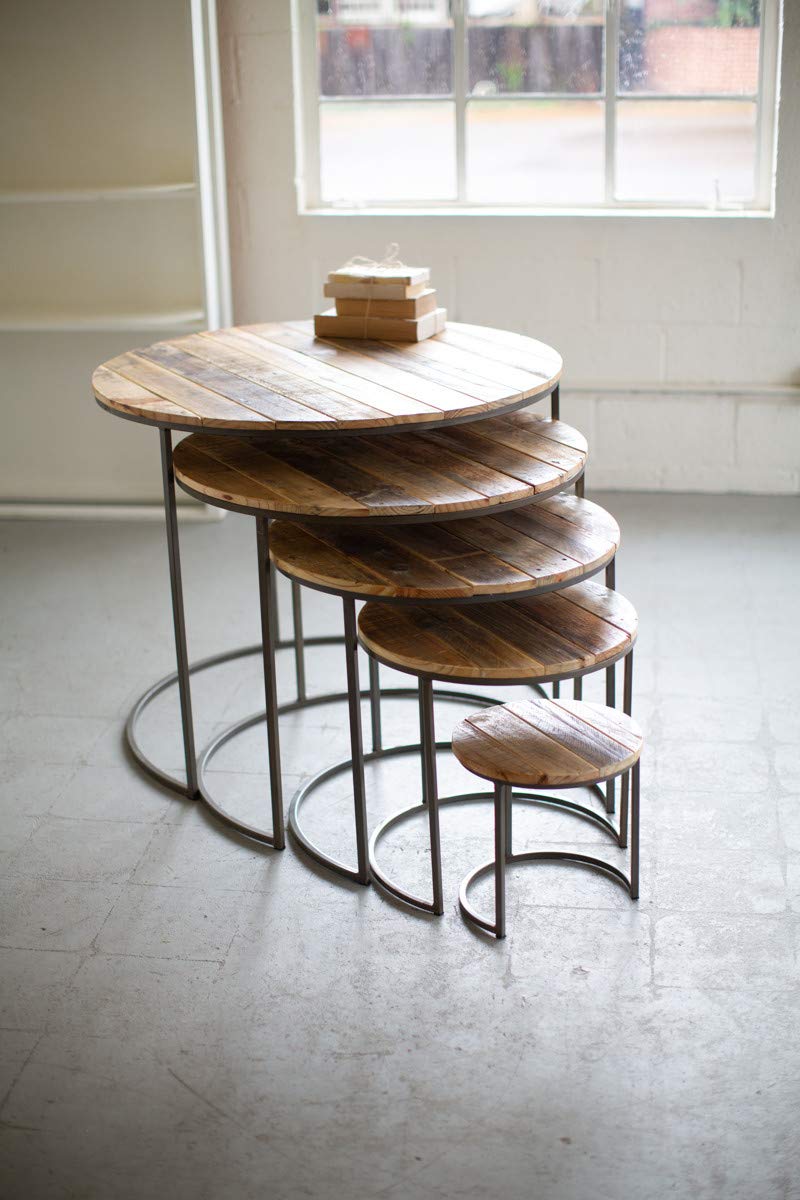 Set Of Five Recycled Wood And Iron Round Display Tables