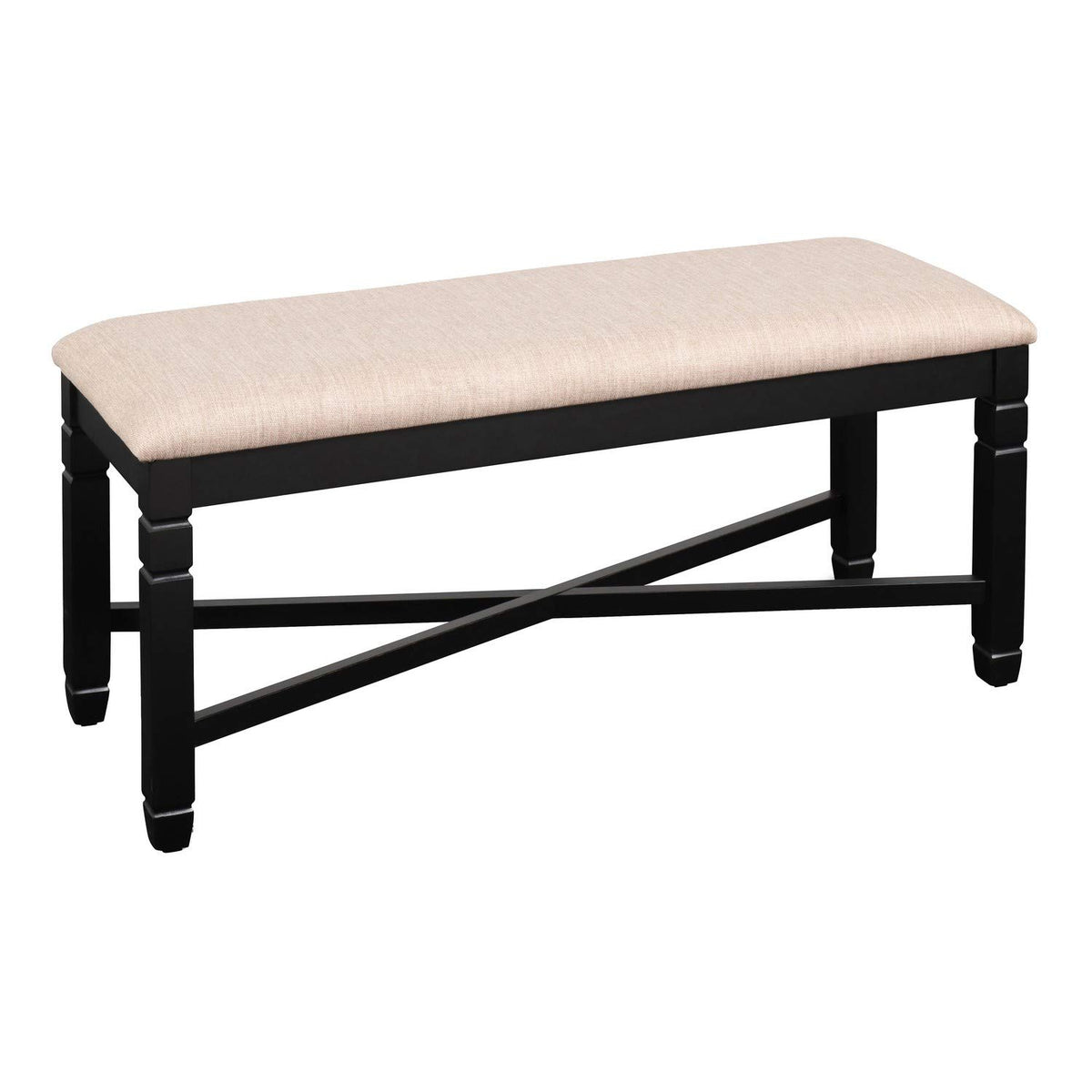 Benjara Fabric Dining Bench With Turned Legs And X Shaped Support, Beige And Black