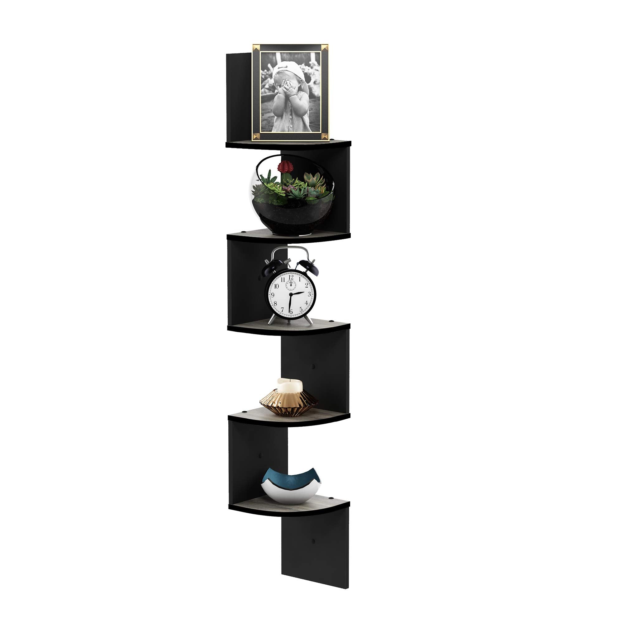 Furinno 5 Tier Wall Mount Floating Radial Corner Shelf, French Oak Grey/Black