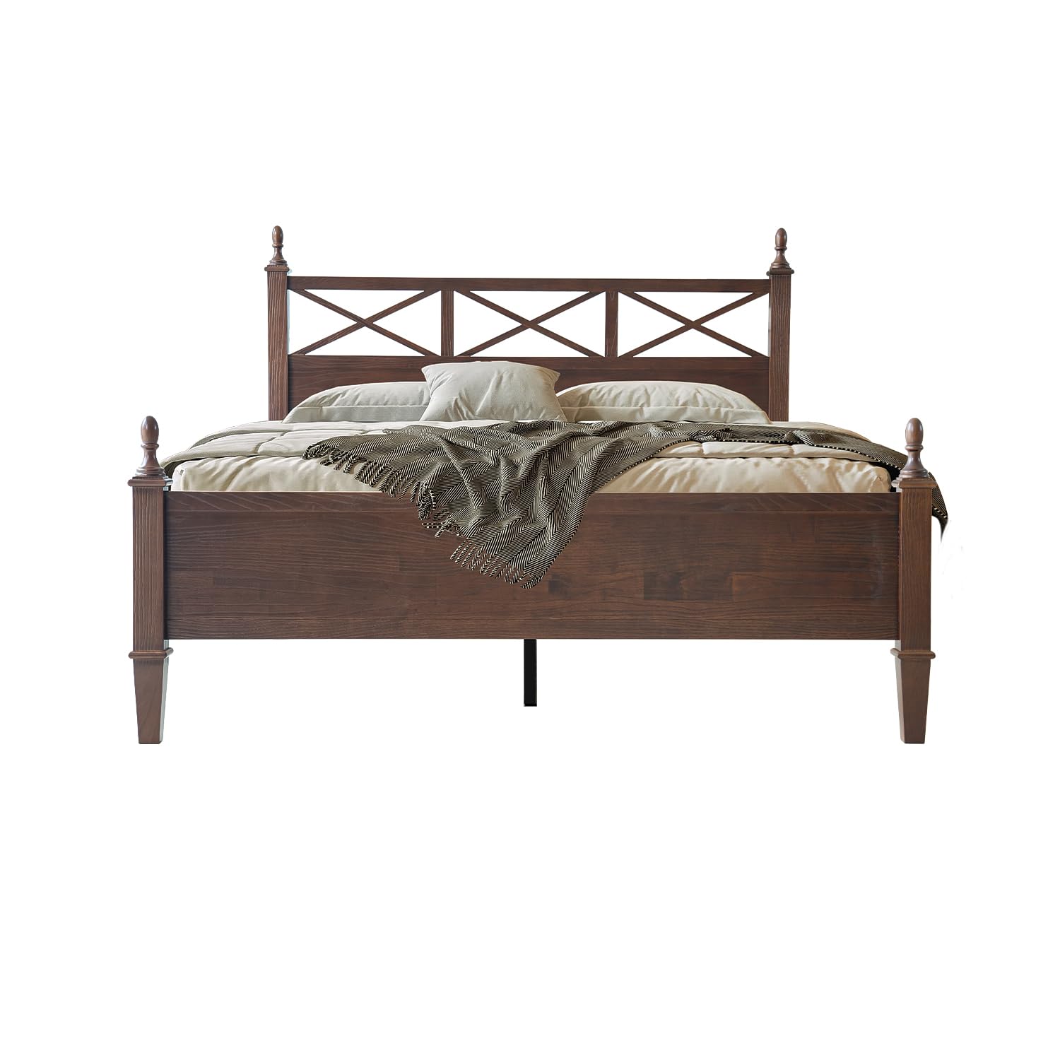 Queen Wooden Platform Bed Frame, Dark Roast Oak Finish, Traditional Style
