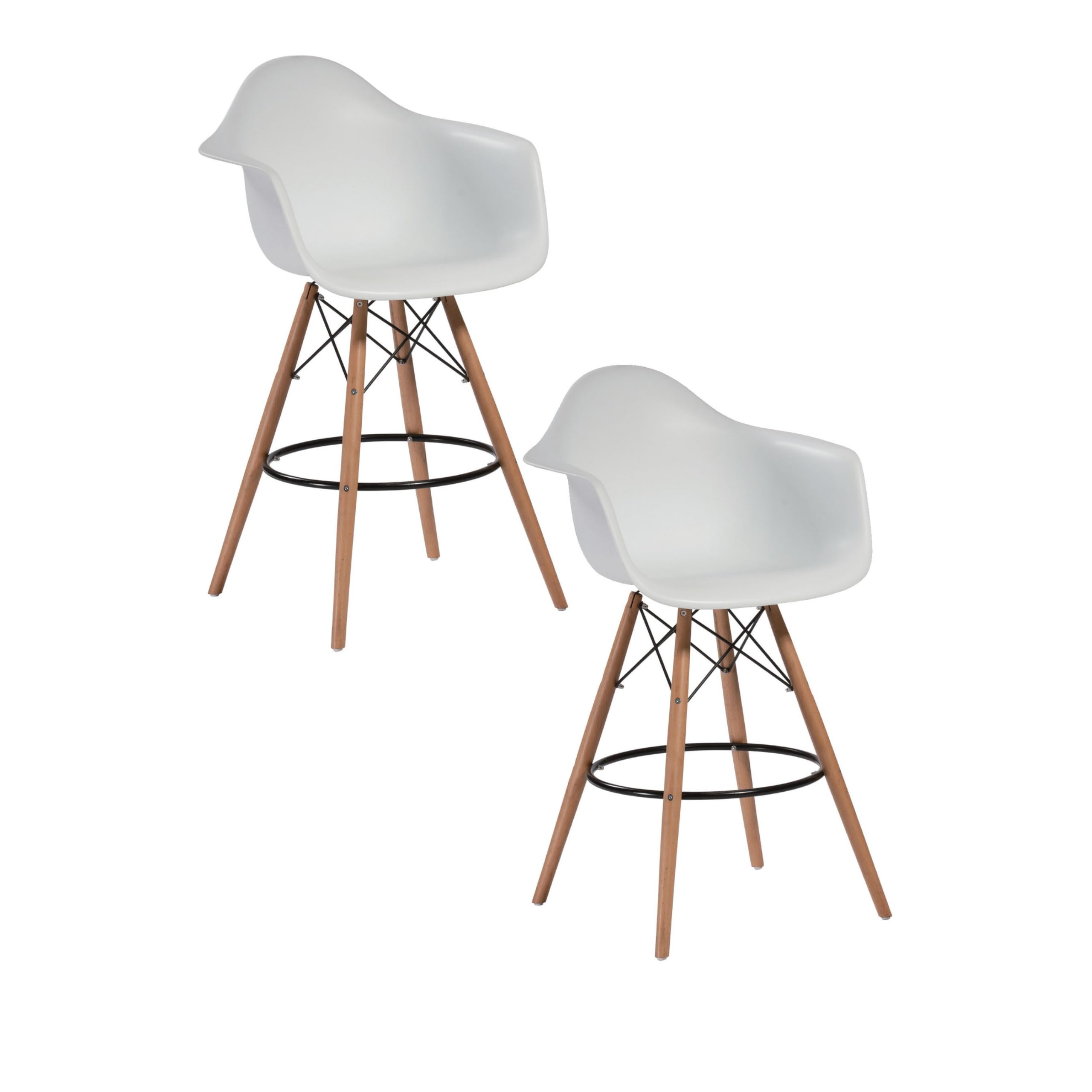 Ben 30 Inch Barstool Chair Set of 2, White Curved Seat, Brown Wood Legs