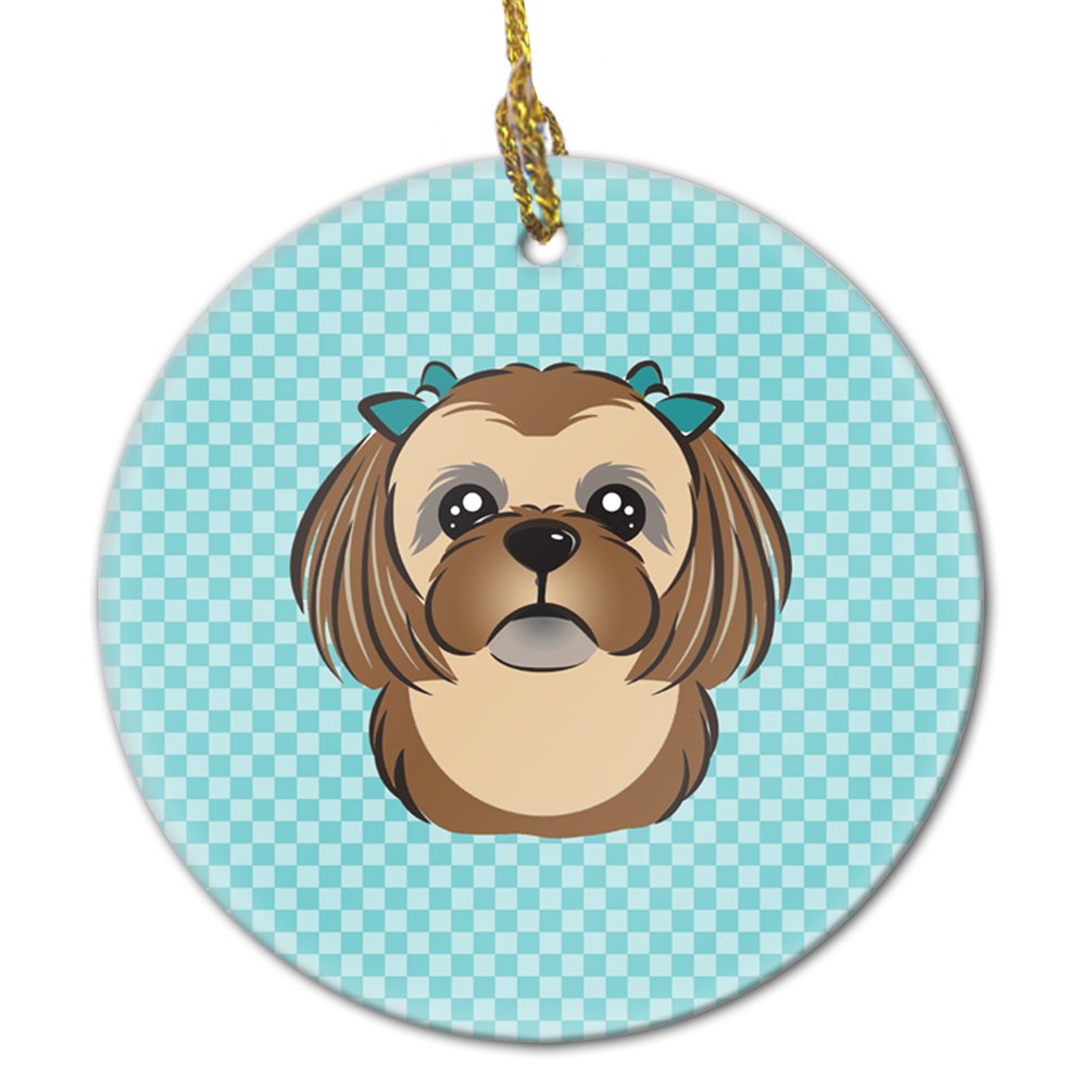 Checkerboard Blue Chocolate Brown Shih Tzu Ceramic Ornament BB1187CO1
