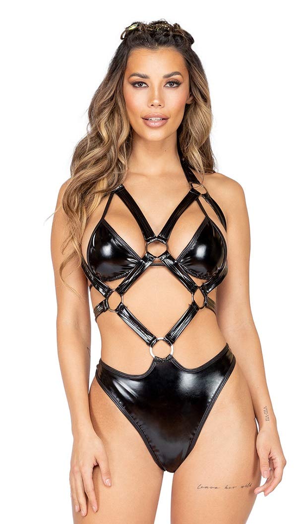 3892 - 1pc Latex Holster Romper with Ring Detail - Large / Black