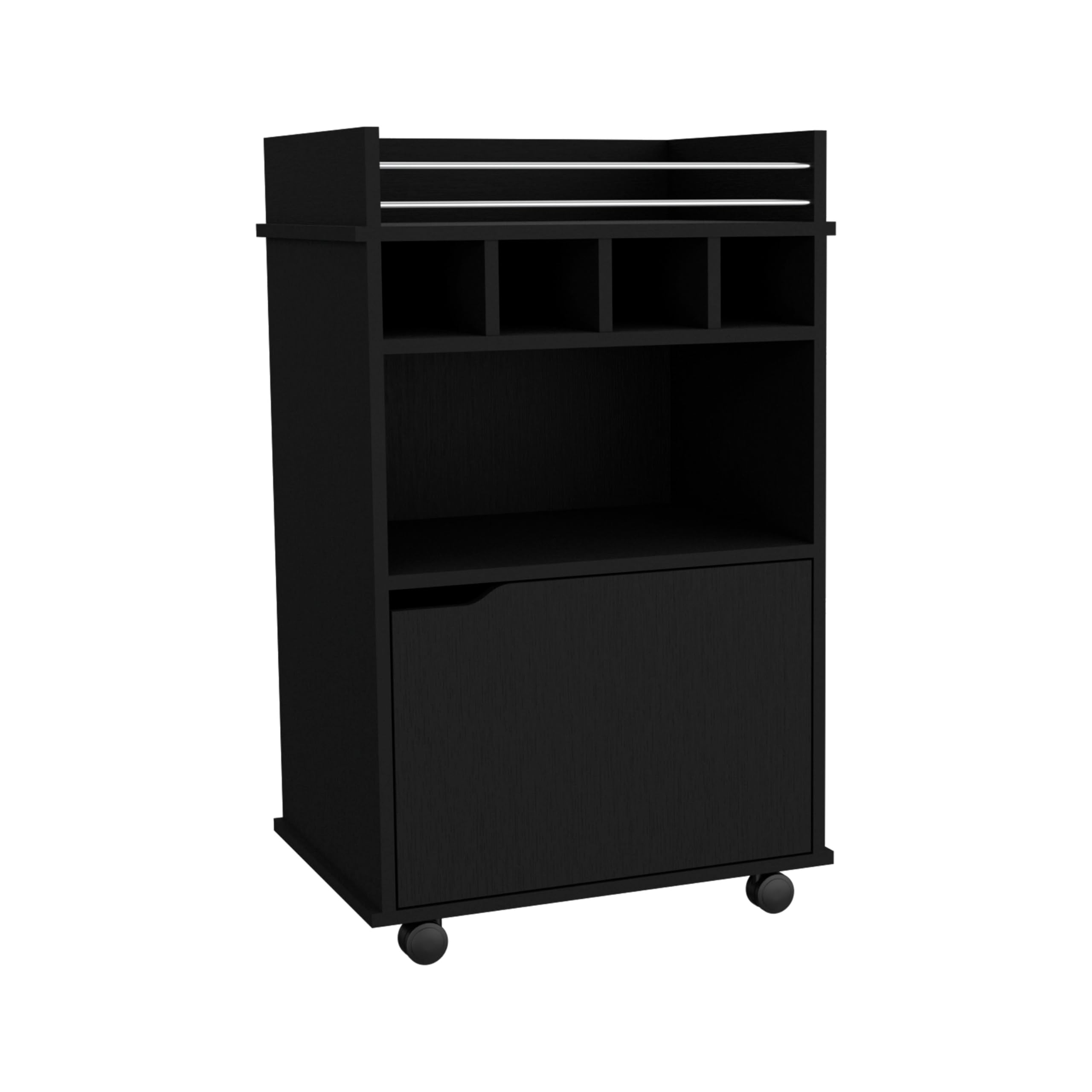 Phoenix Bar Cart with 2 Open Shelves  4 Wine Cubbies and Cabinet Black