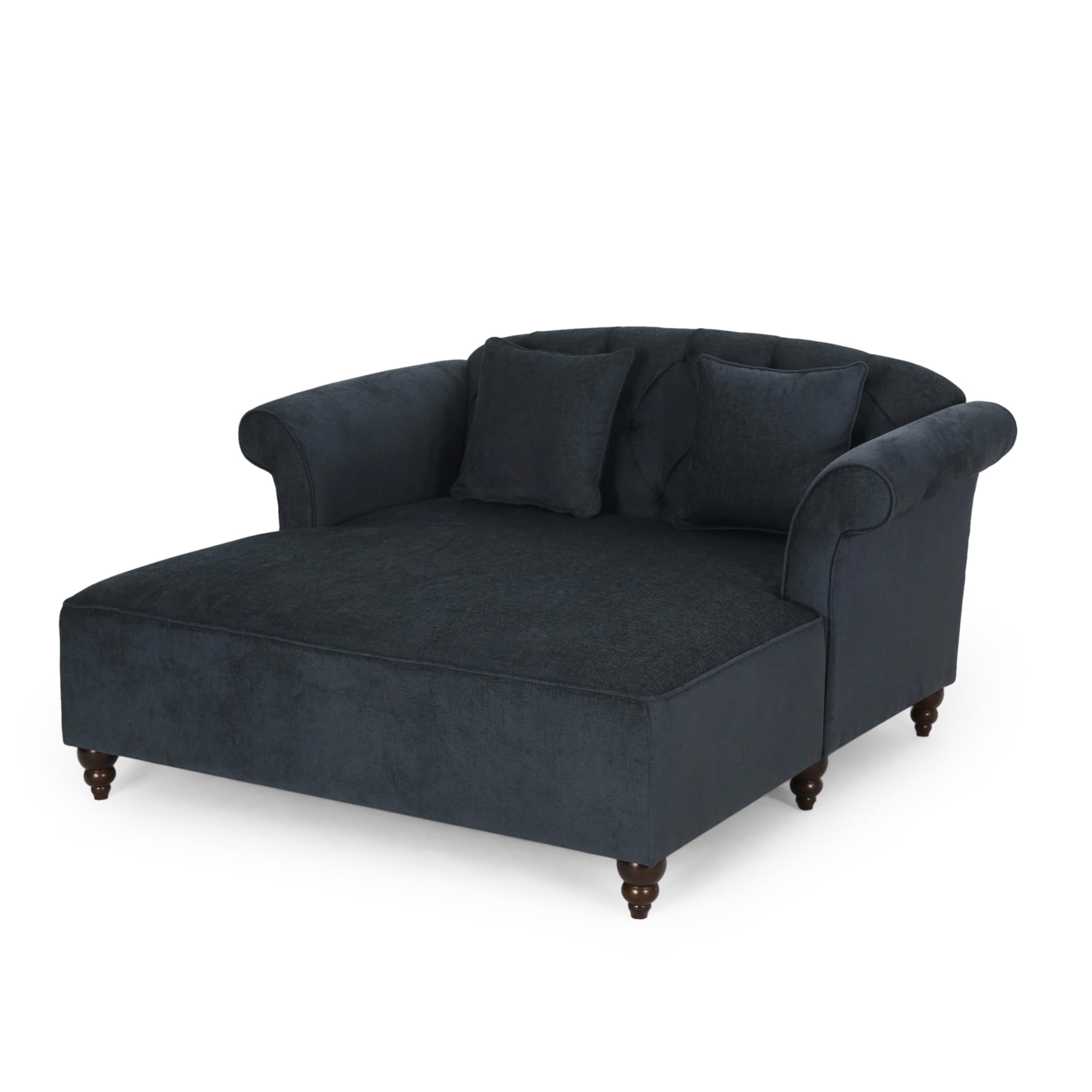 Loveseat Chaise Lounger, 2 Pillows, 63 Inch Wood Frame, Charcoal Gray