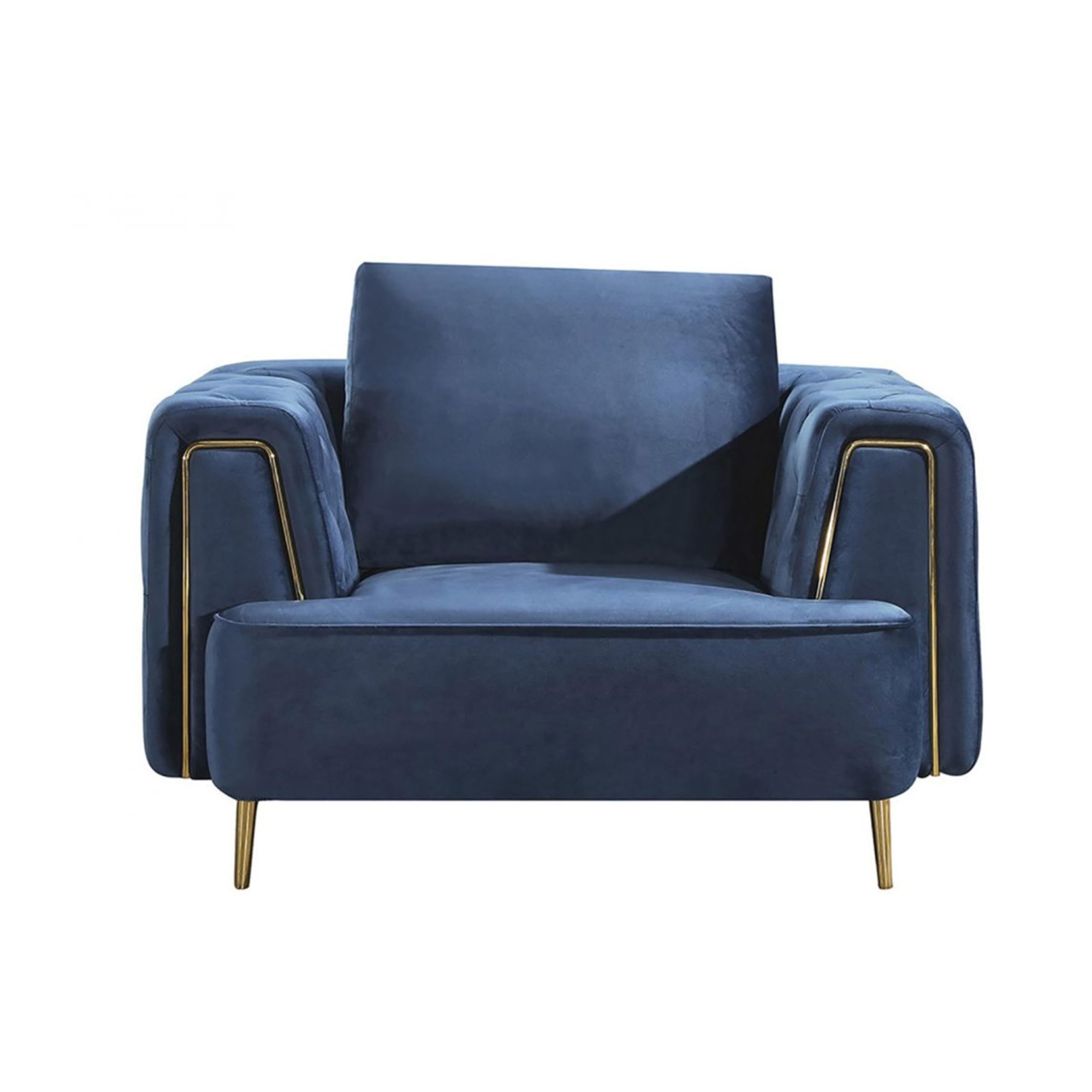 Azia Accent Chair, Blue Velvet, Tufted Arms, Gold Accents, 1 Throw Pillow