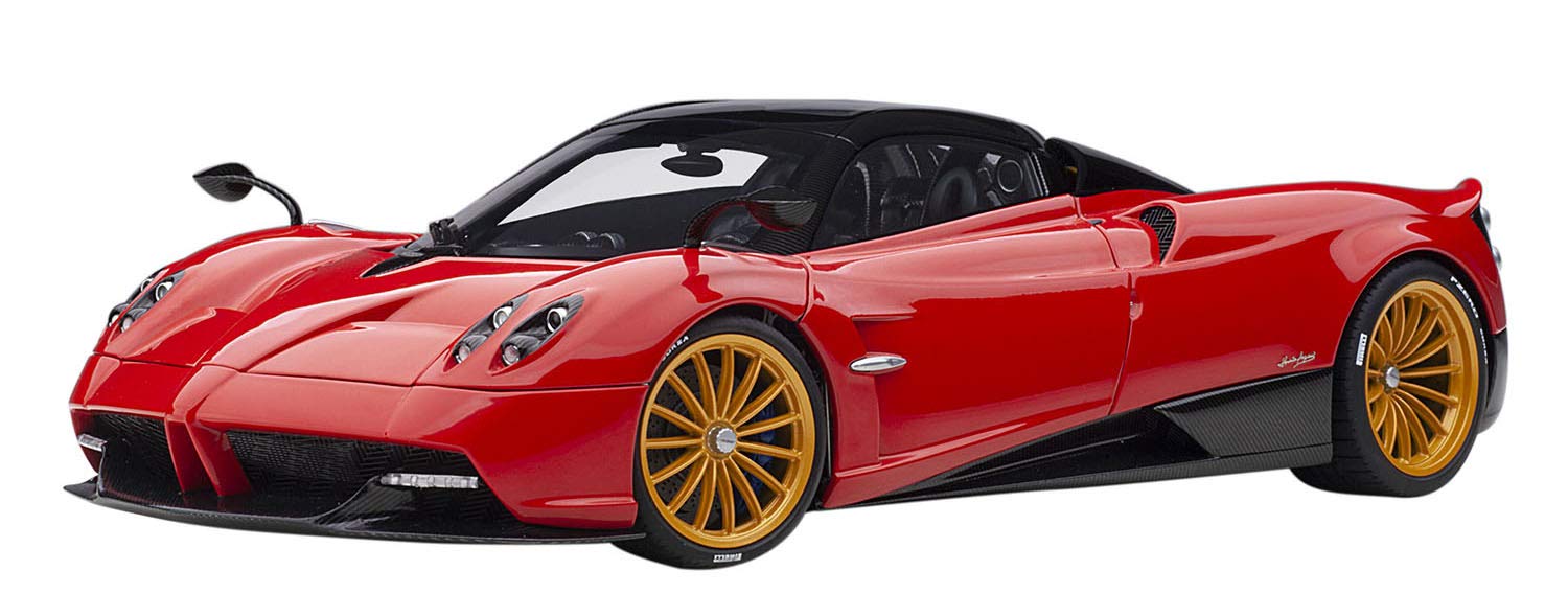 Pagani Huayra Roadster Rosso Monza Red and Carbon with Luggage Set 1/18 Model Car by Autoart