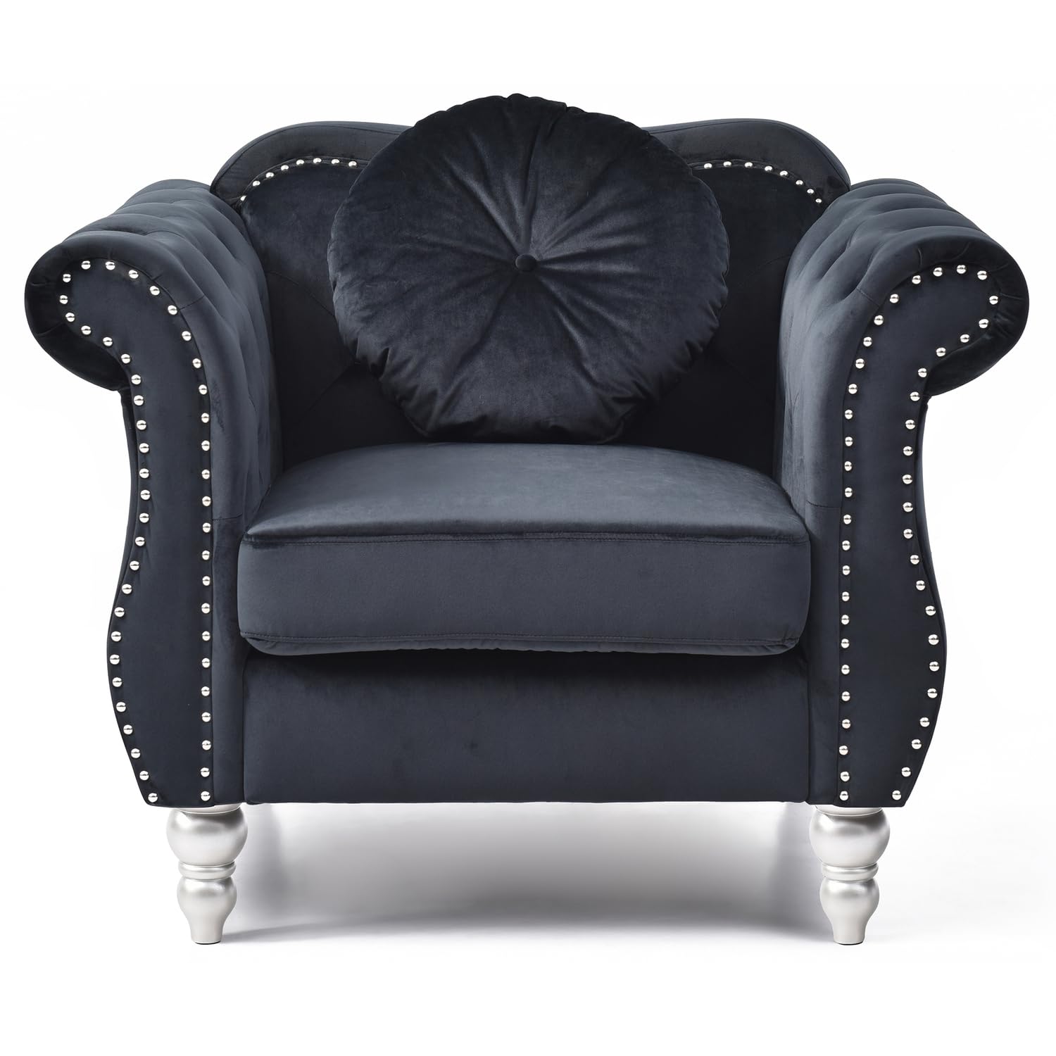 Hollywood Black Chesterfield Tufted Velvet Accent Chair with Round Throw Pillow