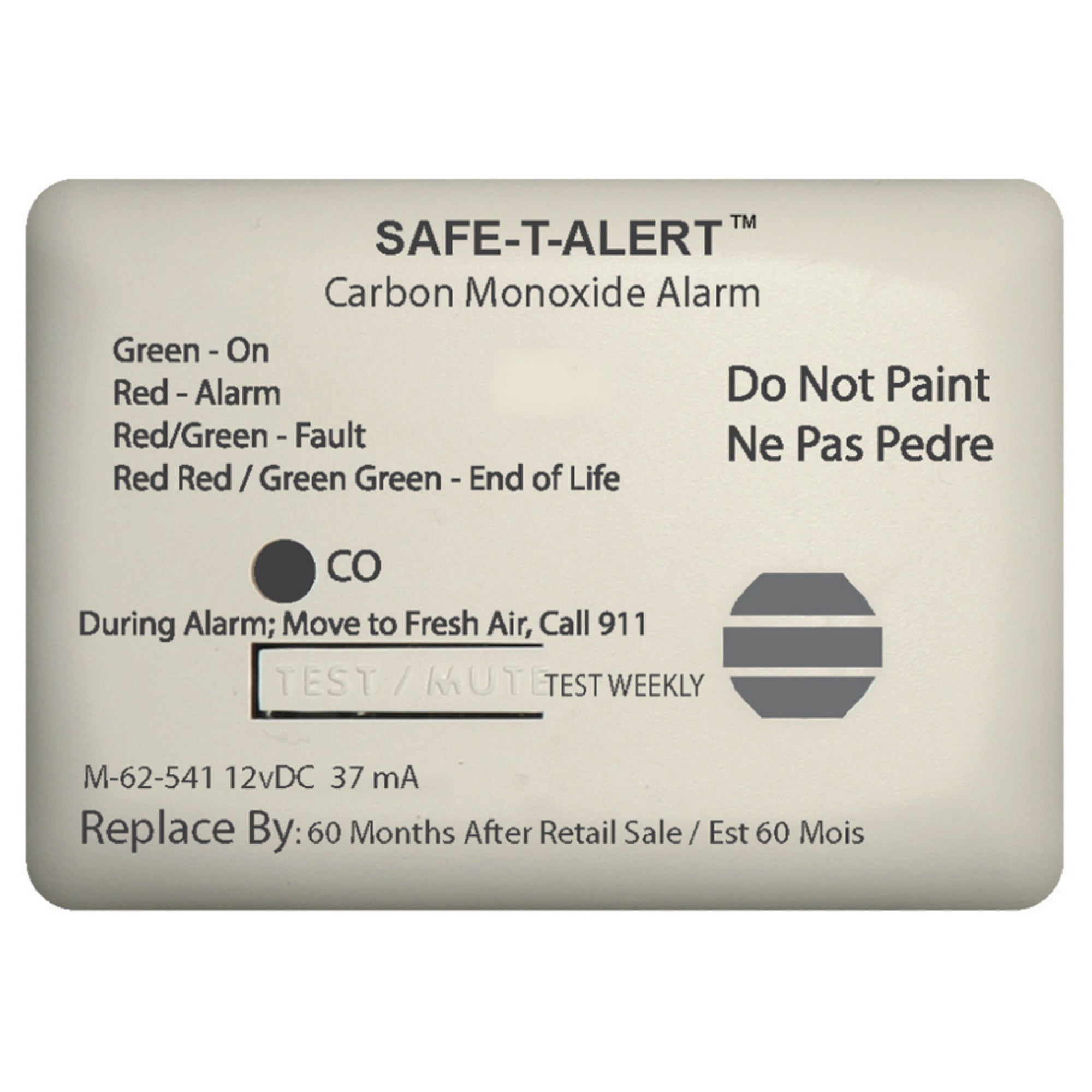 Safe T Alert 62 Series White Carbon Monoxide Alarm 12V