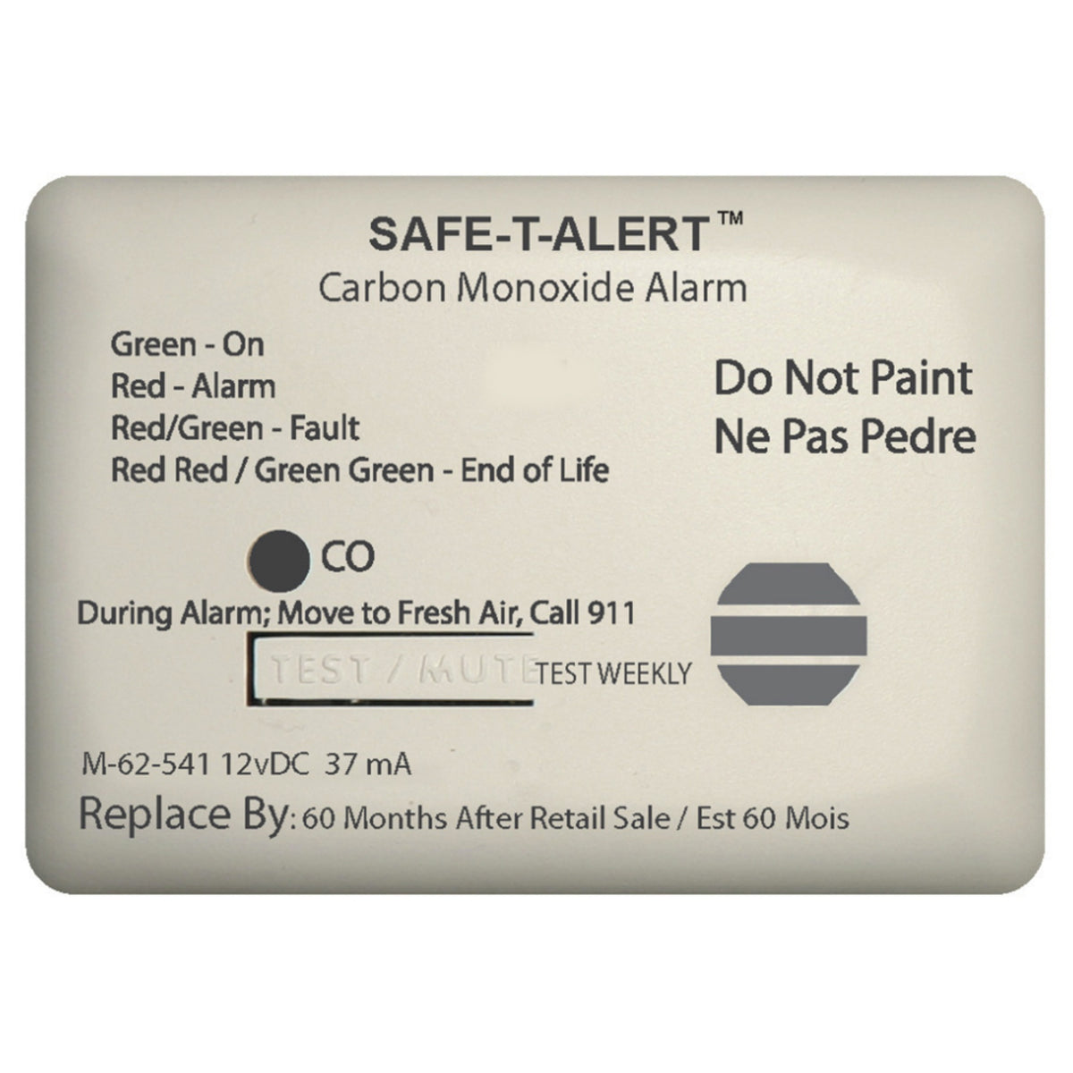 Safe T Alert 62 Series White Carbon Monoxide Alarm 12V
