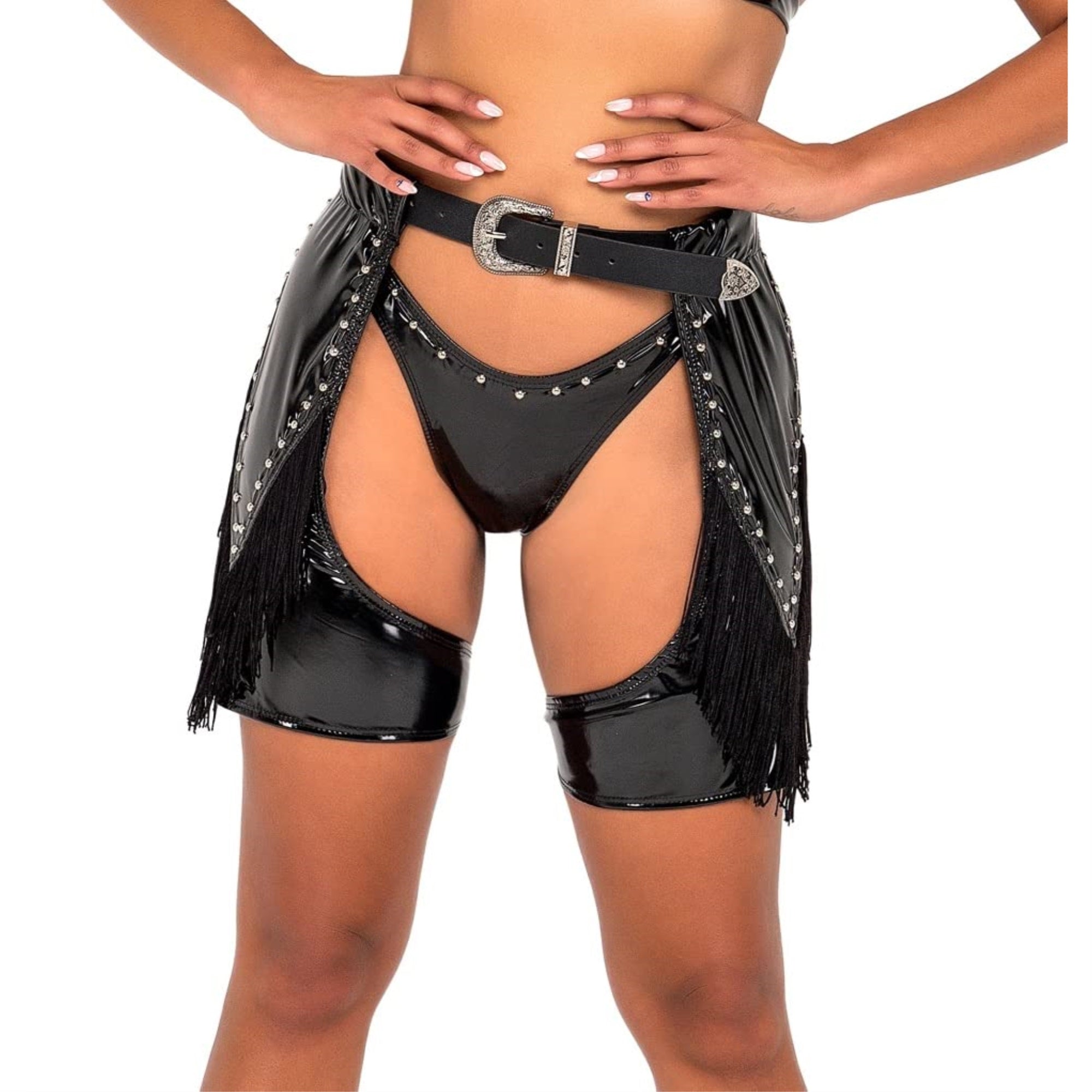 6128 - Studded Vinyl Chaps with Fringe Detail - Medium / Black