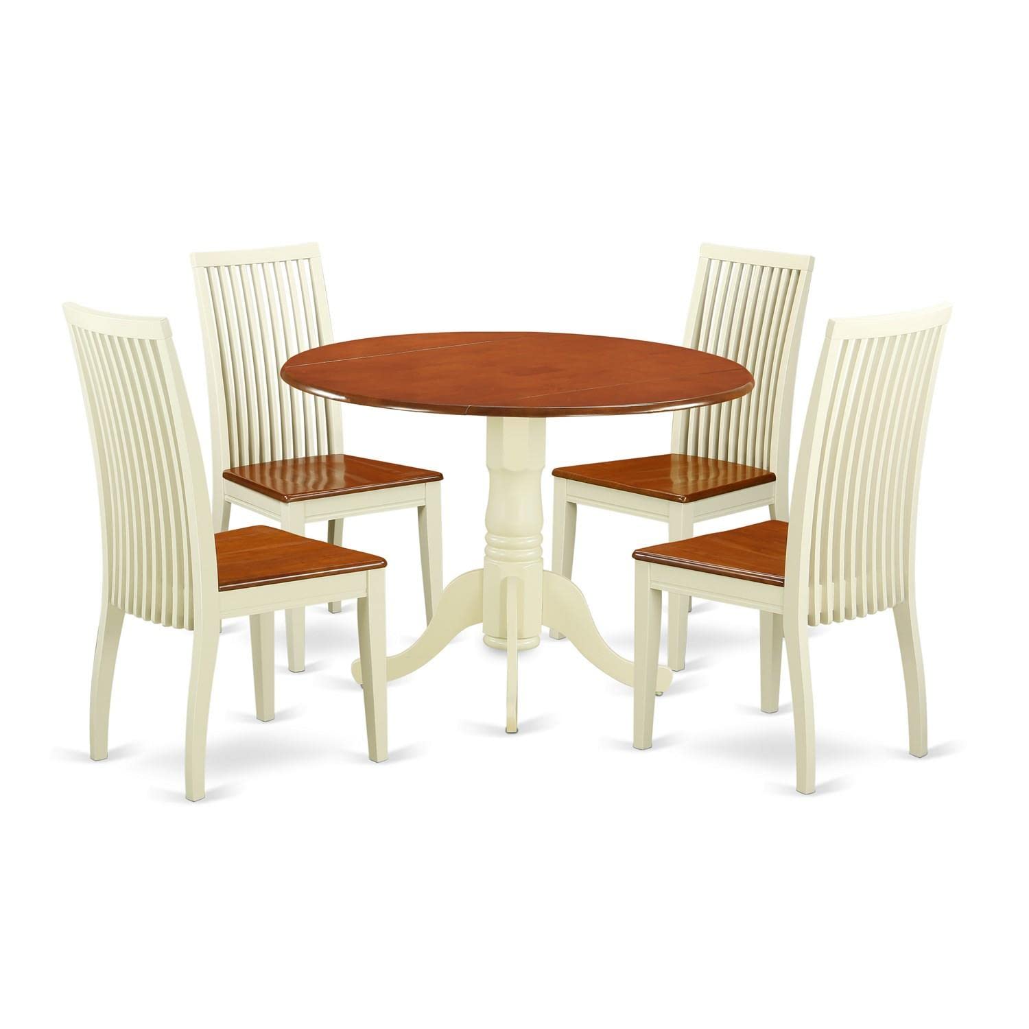 East West Furniture DLIP5-BMK-W 5 Piece Room Set Includes a Round Kitchen Table with Dropleaf and 4 Dining Chairs, 42x42 Inch, Buttermilk & Cherry