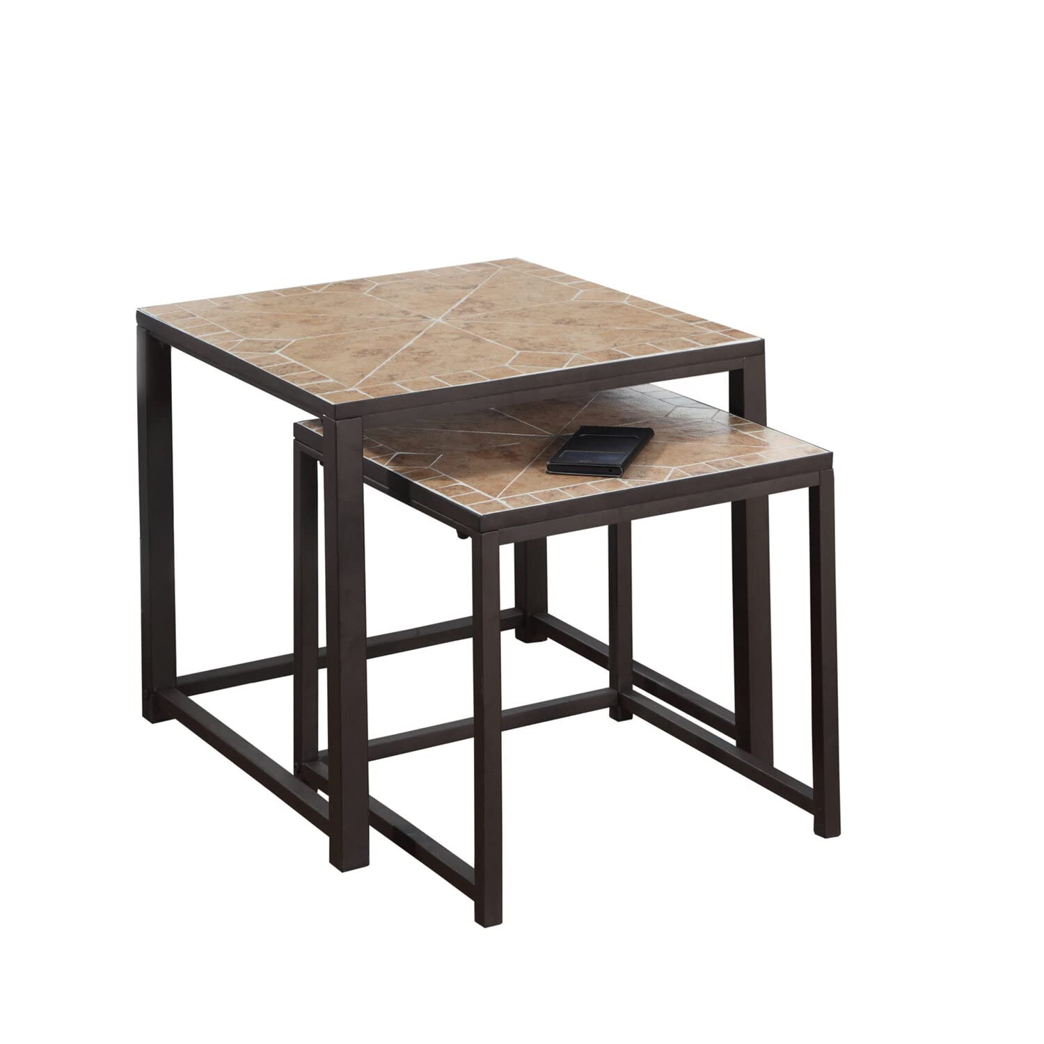 Nesting Table, Set Of 2, Side, End, Metal, Accent, Living Room, Bedroom, Metal, Tile, Brown, Transitional