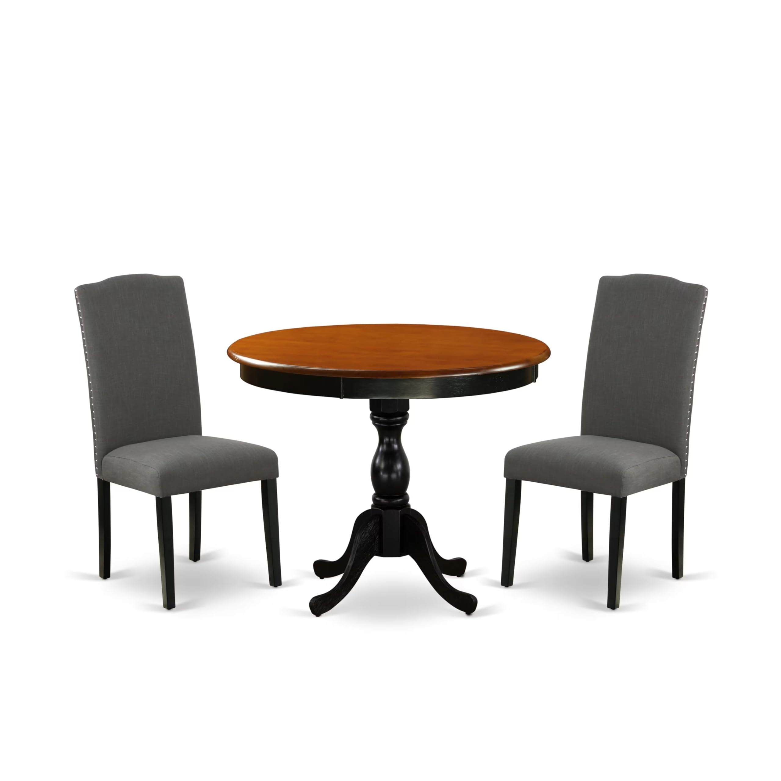 East West Furniture AMFL3-BCH-21 3-Pc Dinning Room Set Includes a Wood Kitchen Table and 2 Blue Linen Fabric Dinning Chairs with High Back - Black Finish