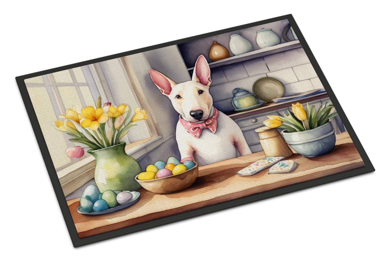 Carolines Treasures DAC6804MAT Decorating Easter English Bull Terrier Doormat Front Door Mat Indoor Outdoor Rugs for Entryway, Non Slip Washable Low Pile, 18H X 27W