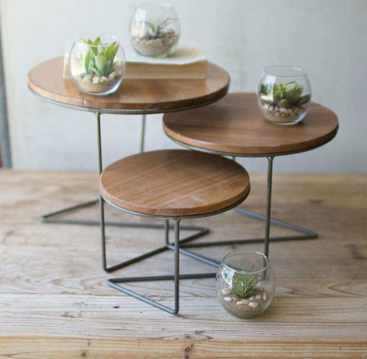 Set Of Three Round Wire Display Risers With Wood Tops