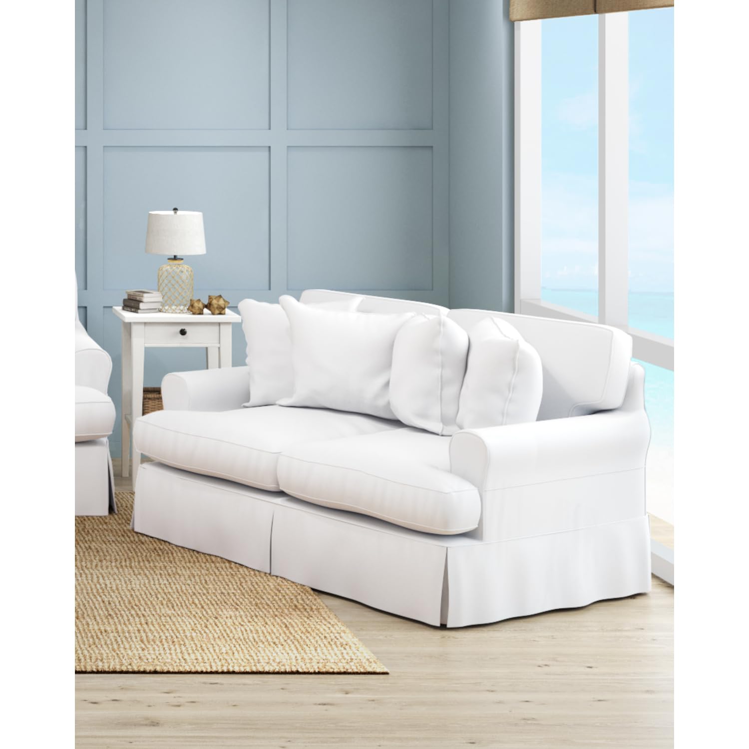 Sunset Trading Horizon T-Cushion Slipcovered Loveseat | Stain Resistant Performance Fabric | White