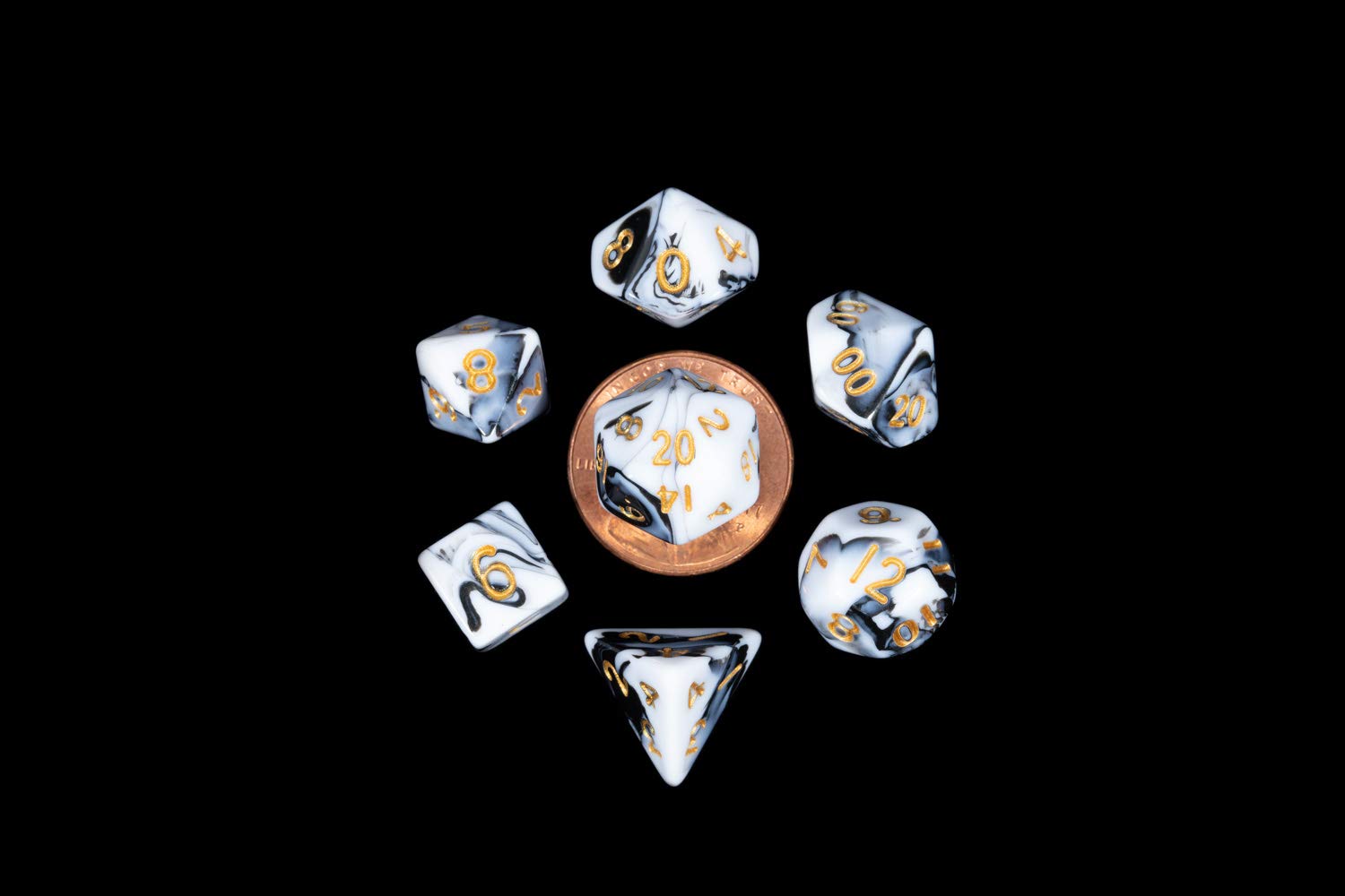 Black and White Marble Colored Poly Dice with Gold Numbers 10mm (3/8in) 7-Dice Set