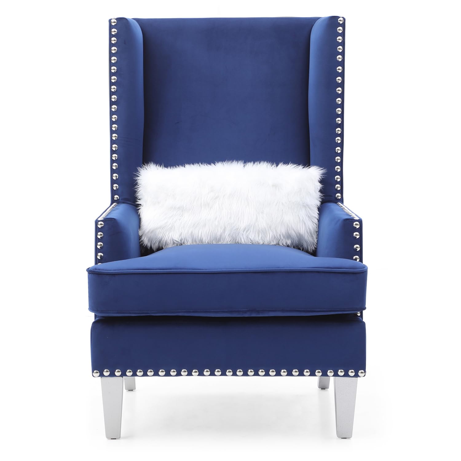 Wilshire Blue High back Velvet Accent Chair with Faux Fur Pillow