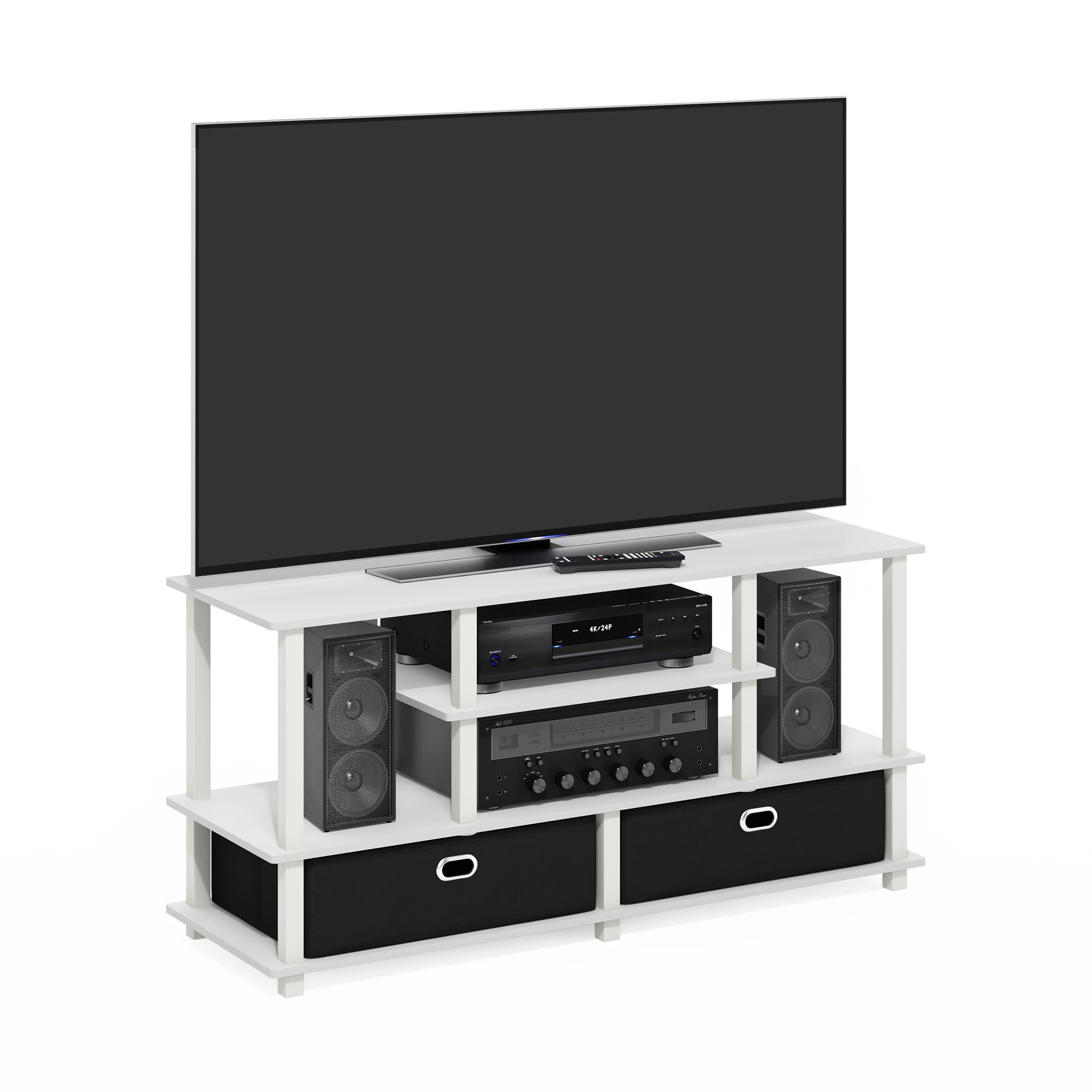 Furinno JAYA Large TV Stand for up to 55-Inch TV with Storage Bin, White/White/Black