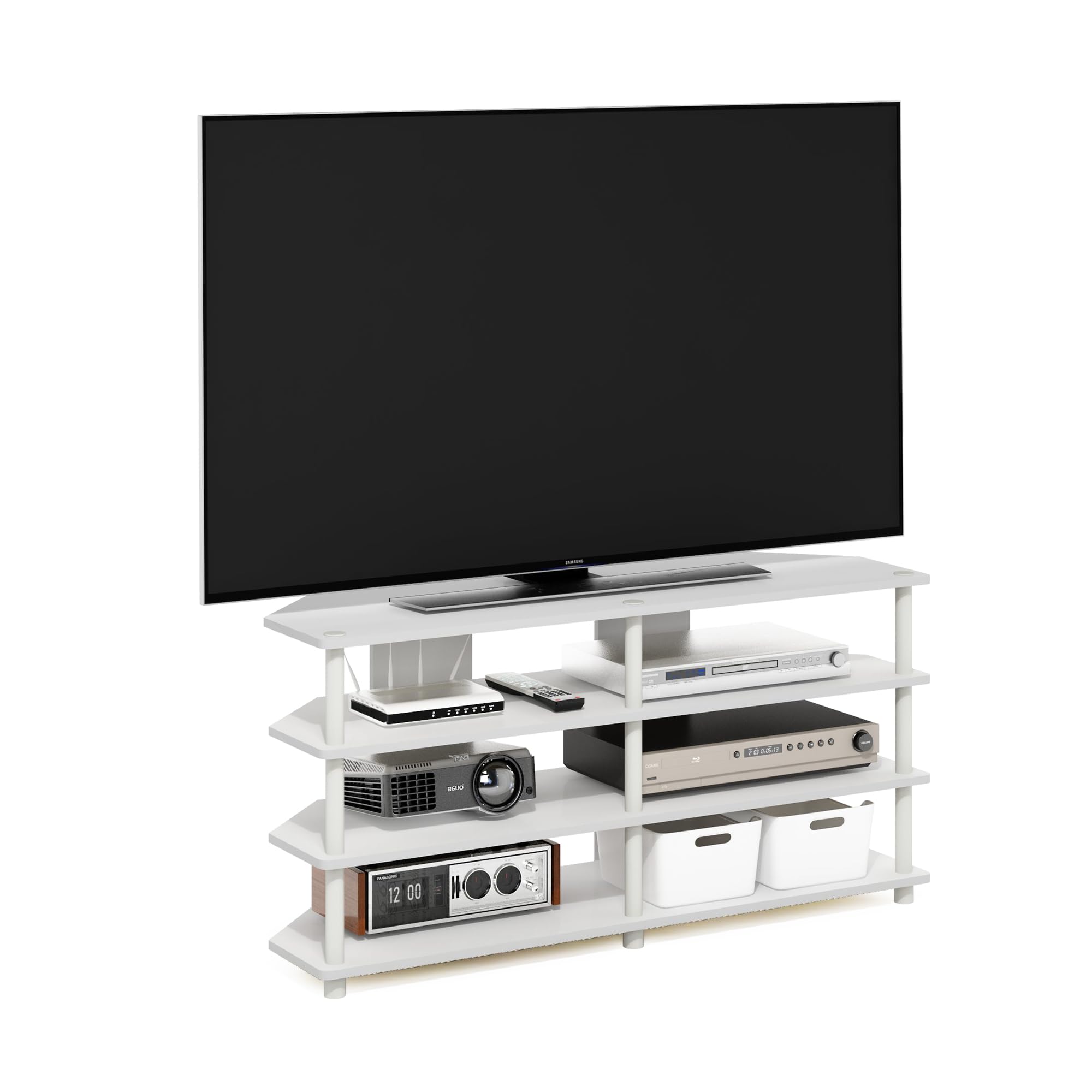Furinno Econ Easy Assembly 4-Tier Corner TV Stand for TV up to 55-Inch, White/White
