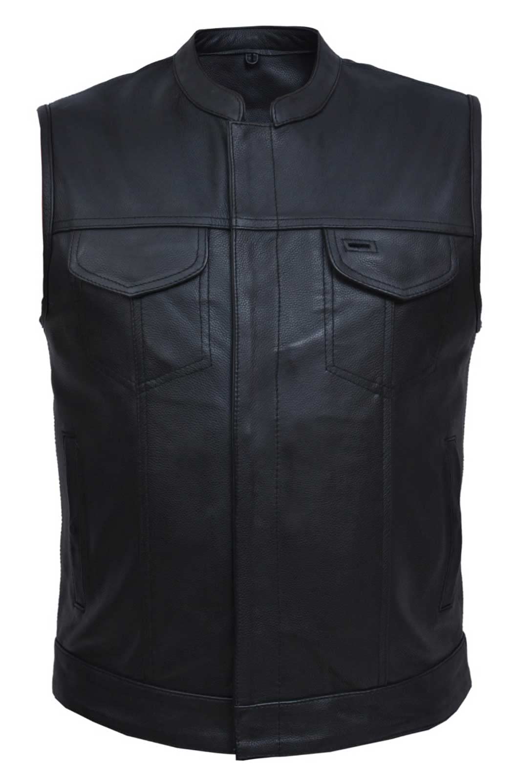 Mens Premium SOA Style Collared Leather Club Vest,Black,Size - 4XL