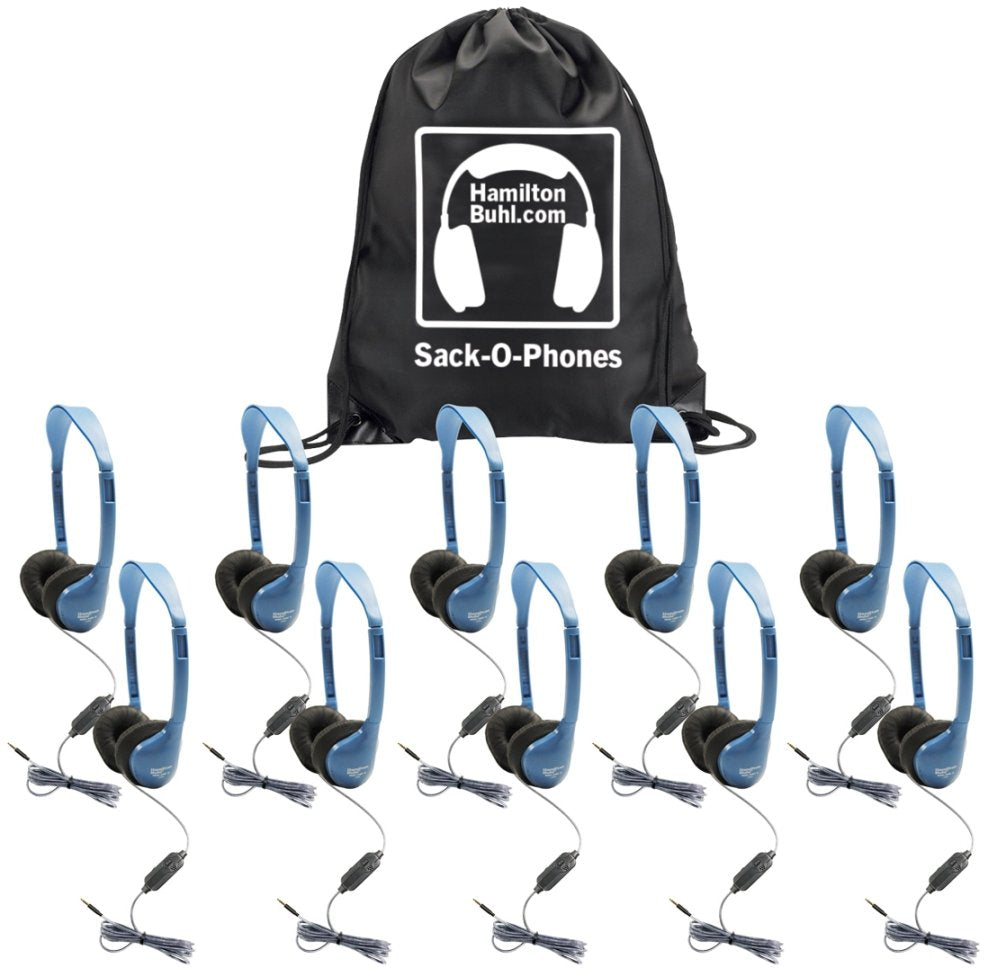 HamiltonBuhl Sack-O-Phones, 10 MS2AMV Personal Headsets, Foam Ear Cushions in a Carry Bag