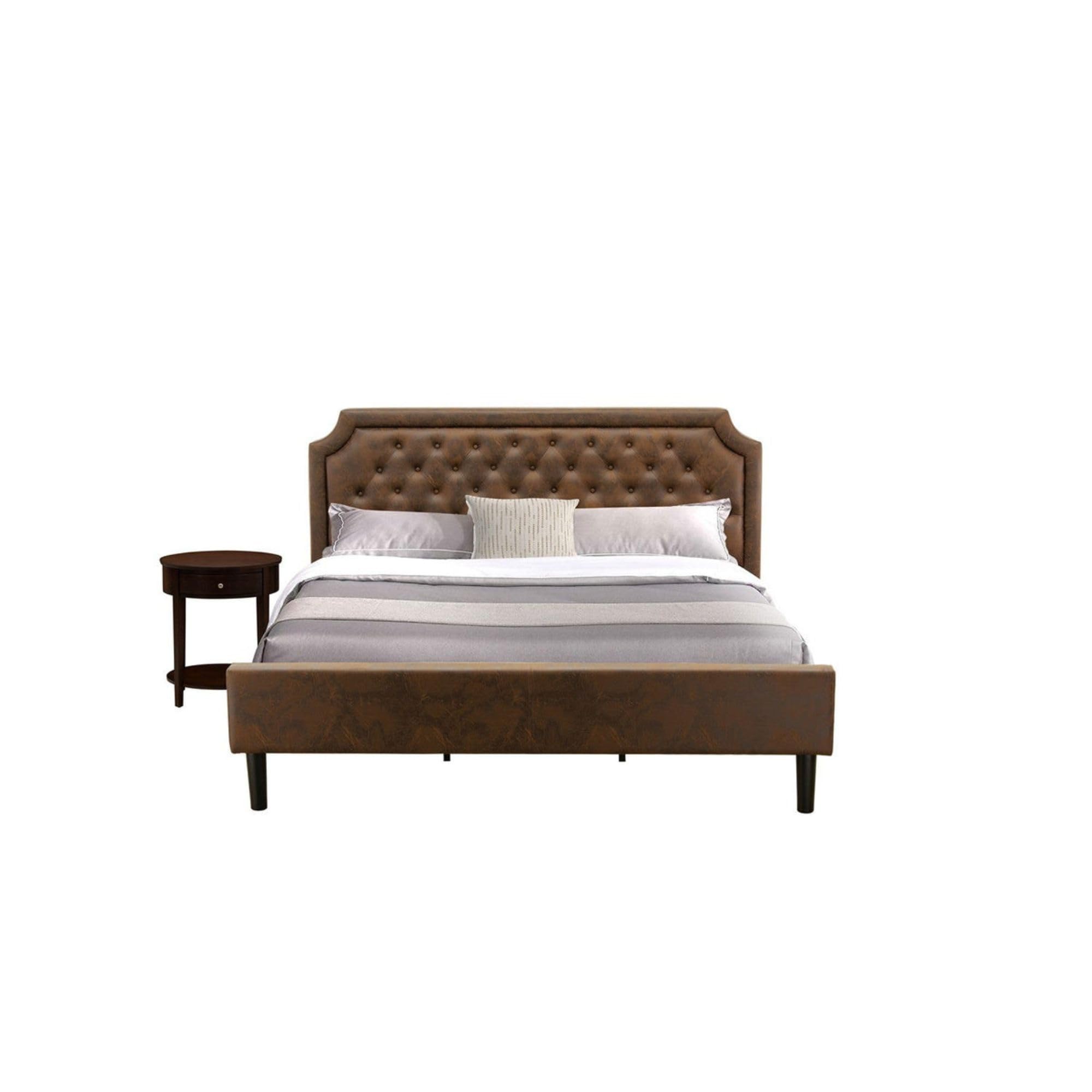 GB25K-1HI0M 2-Piece Platform King Bedroom Set with Button Tufted King Bed and 1 Antique Mahogany Small Nightstand - Dark Brown Faux Leather with Black Texture and Black Legs