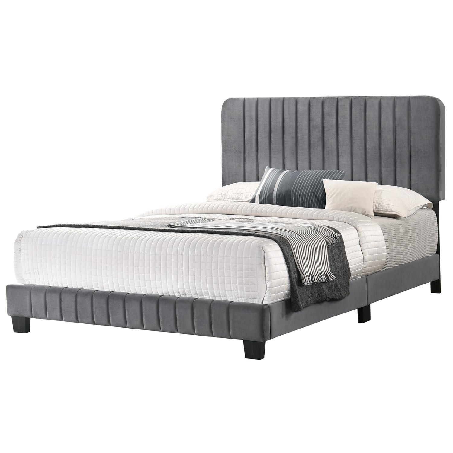 Lodi Gray Velvet Upholstered Channel Tufted King Panel Bed