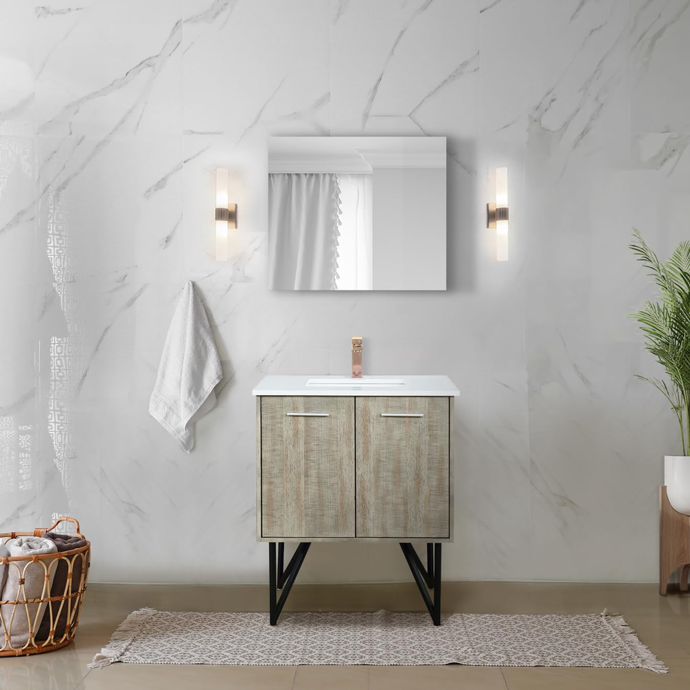 Rustic Acacia Bath Vanity 30 in. W x 20 in. D, Cultured Marble Top and Rose Gold Faucet Set