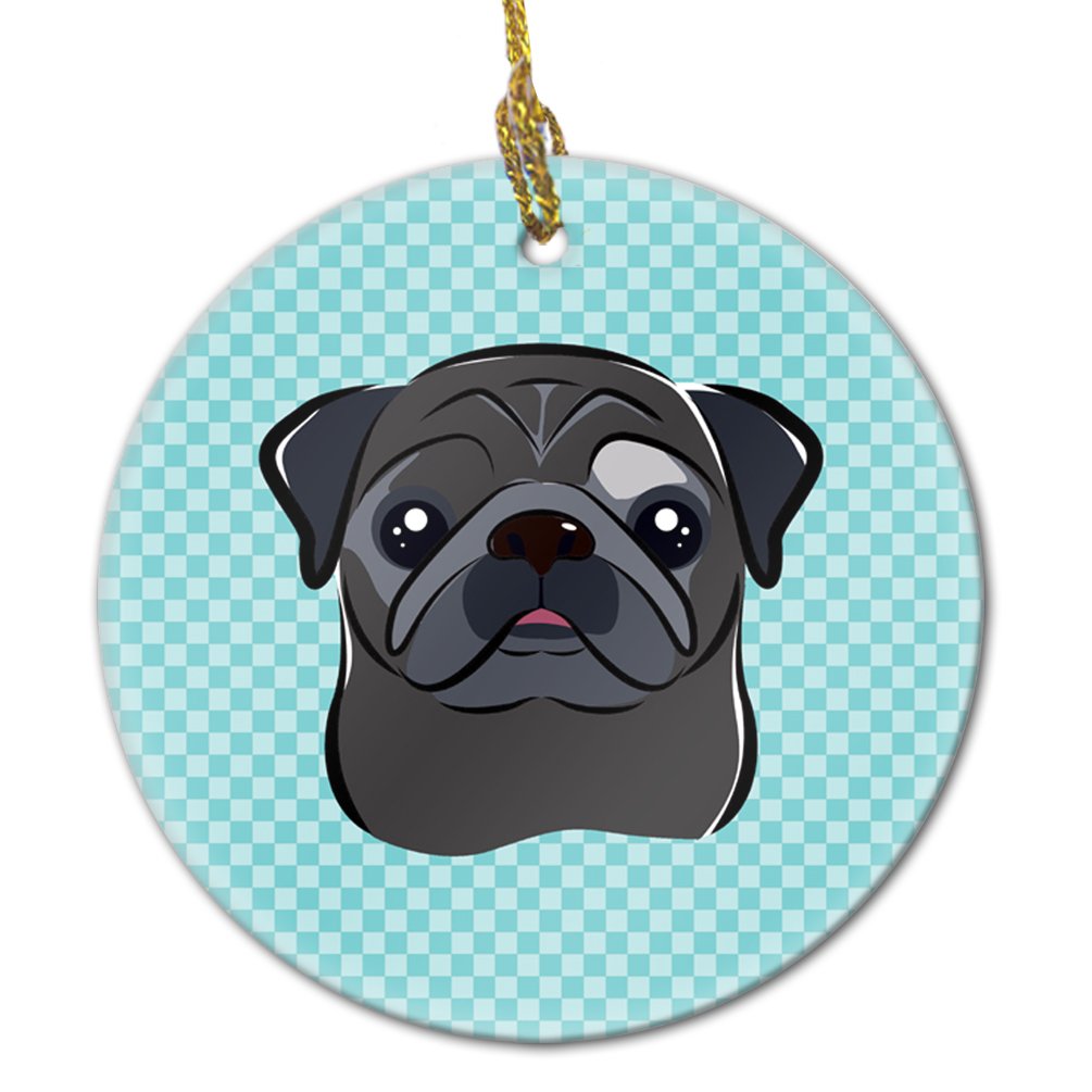 Checkerboard Blue Black Pug Ceramic Ornament BB1201CO1