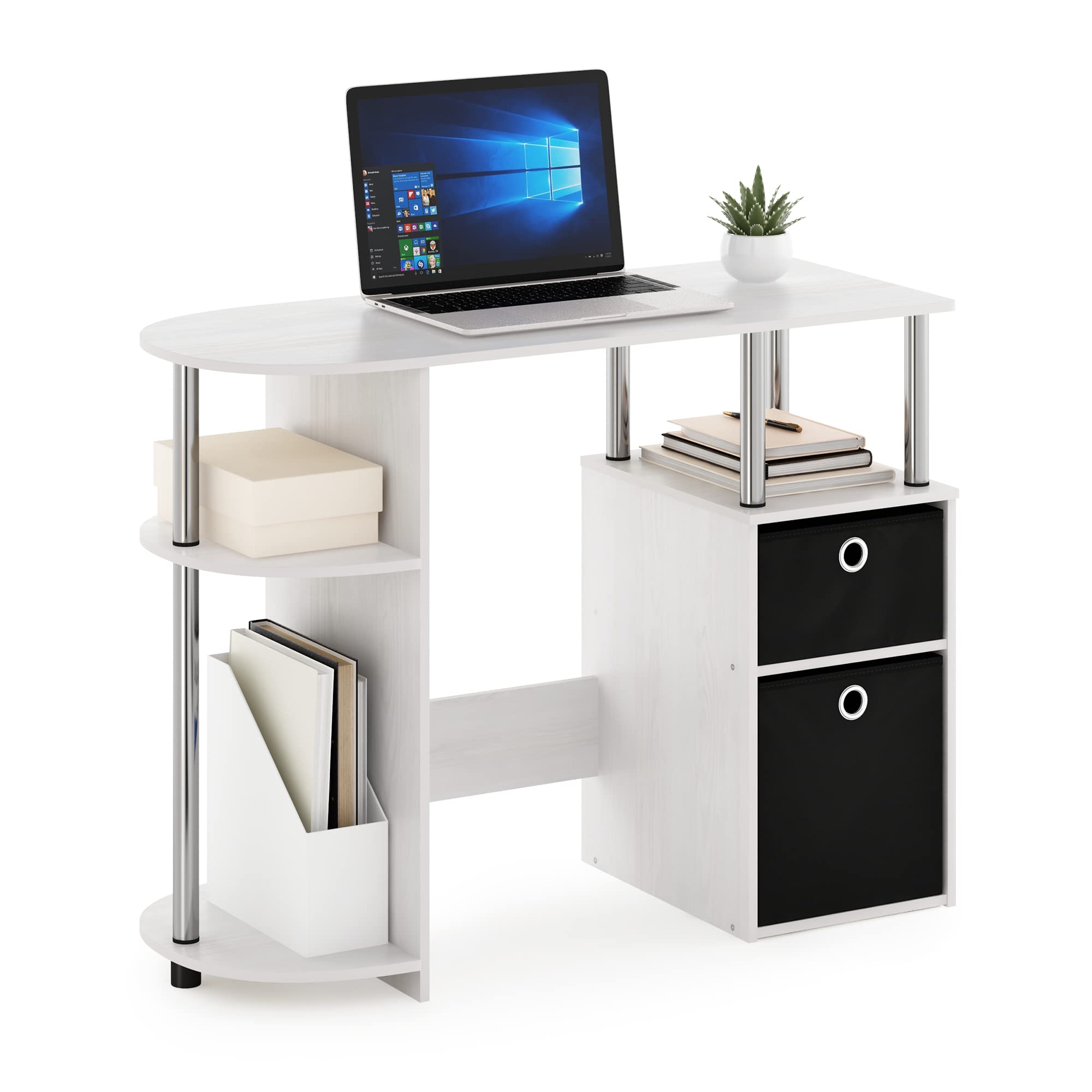 Furinno JAYA Simplistic Computer Study Desk with Bin Drawers  White Oak  Stainless Steel Tubes