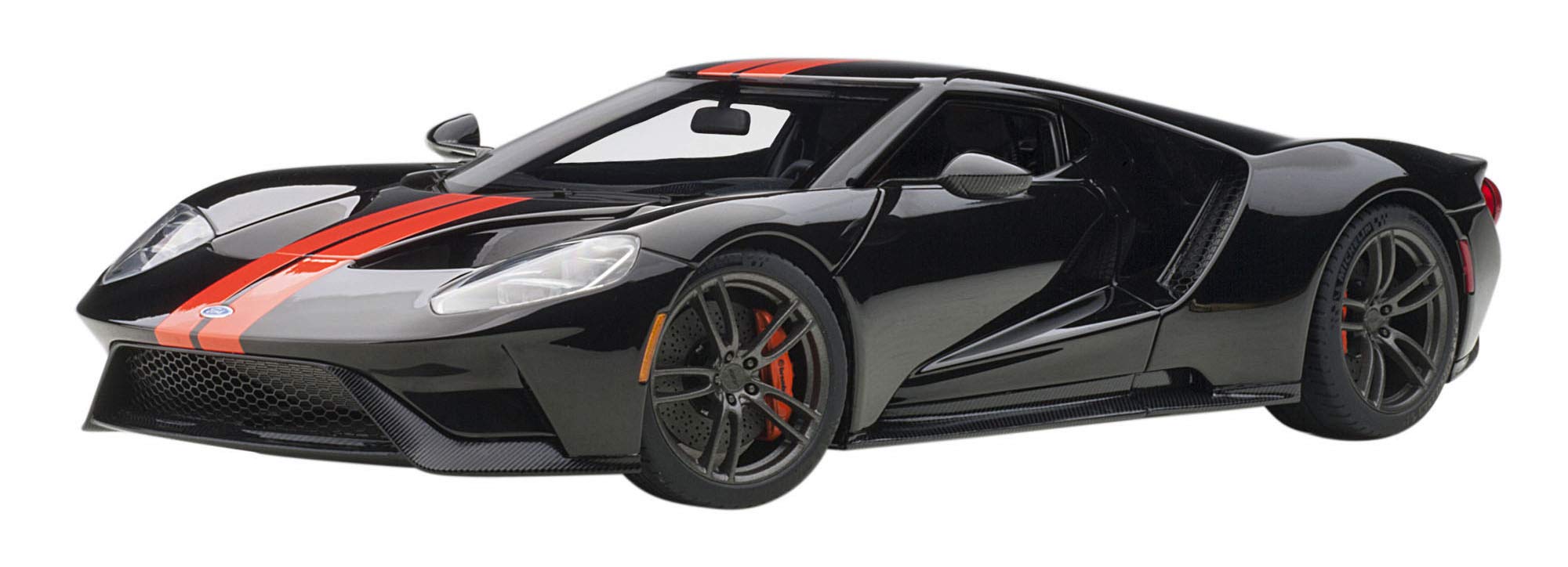 2017 Ford GT Shadow Black with Orange Stripes 1/18 Model Car by Autoart