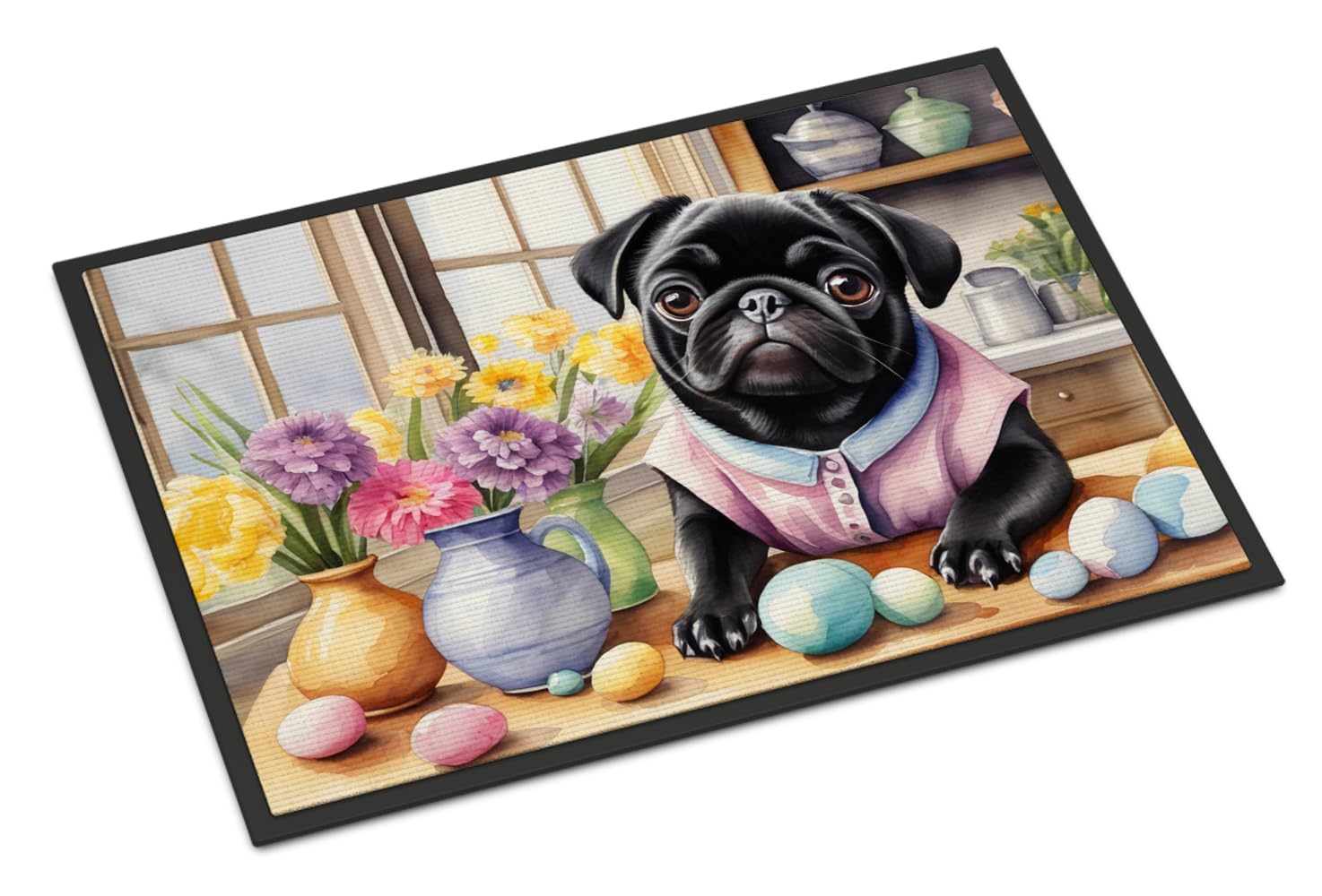 Carolines Treasures DAC6883MAT Decorating Easter Pug Doormat Front Door Mat Indoor Outdoor Rugs for Entryway, Non Slip Washable Low Pile, 18H X 27W