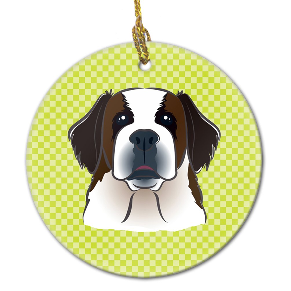Checkerboard Lime Green Saint Bernard Ceramic Ornament BB1308CO1