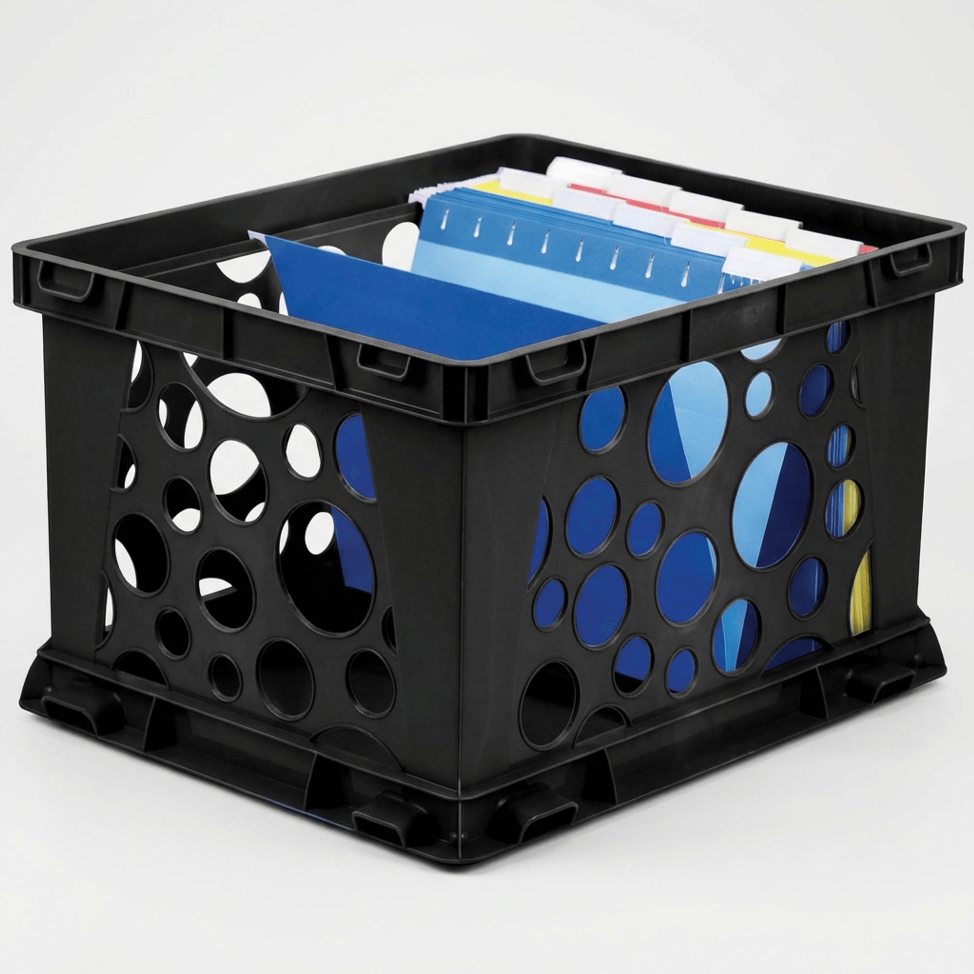 Storex Premium File Crate with Handles, Stackable Letter & Legal Document Storage Bins, Durable Black Plastic Organizer Boxes for Office, Home, 3-Pack