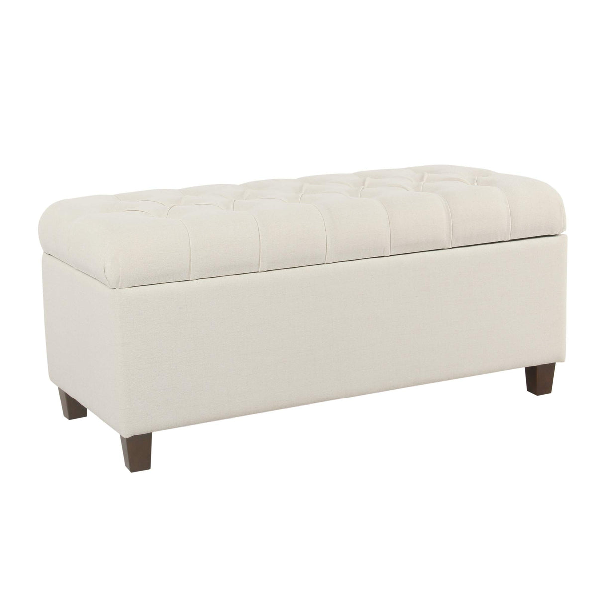 Benjara Fabric Upholstered Button Tufted Wooden Bench With Hinged Storage White And Brown