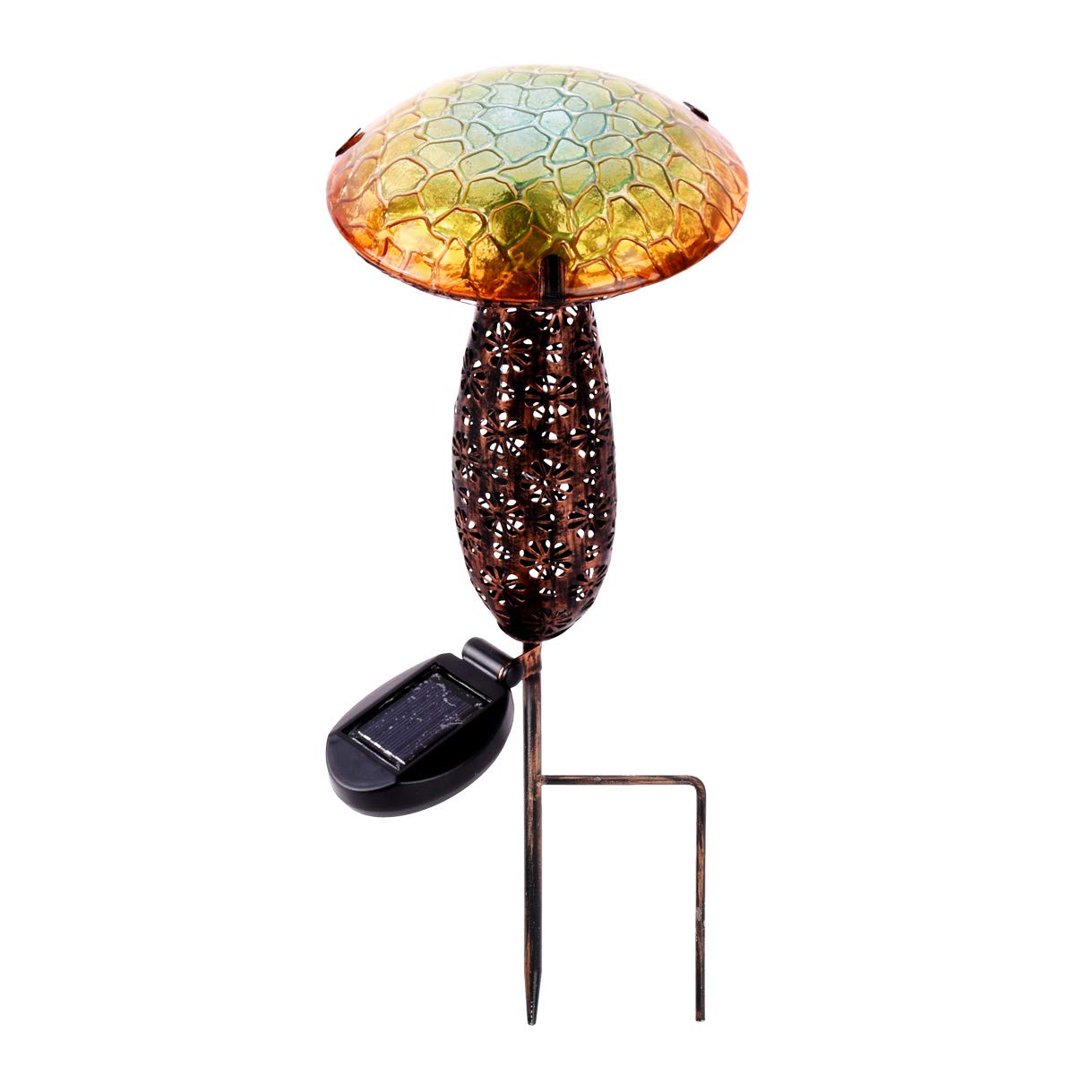 Hi-Line Gift Ltd 78417-C Metal And Glass Solar Mushroom Stake with LED - Yellow